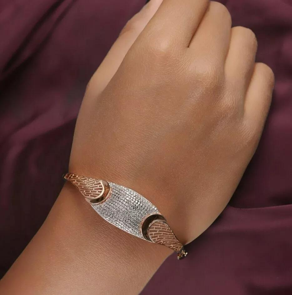 Round Cut Natural Diamond Cage Design Bangle Bracelet 14K Solid Rose Gold Handmade For Sale