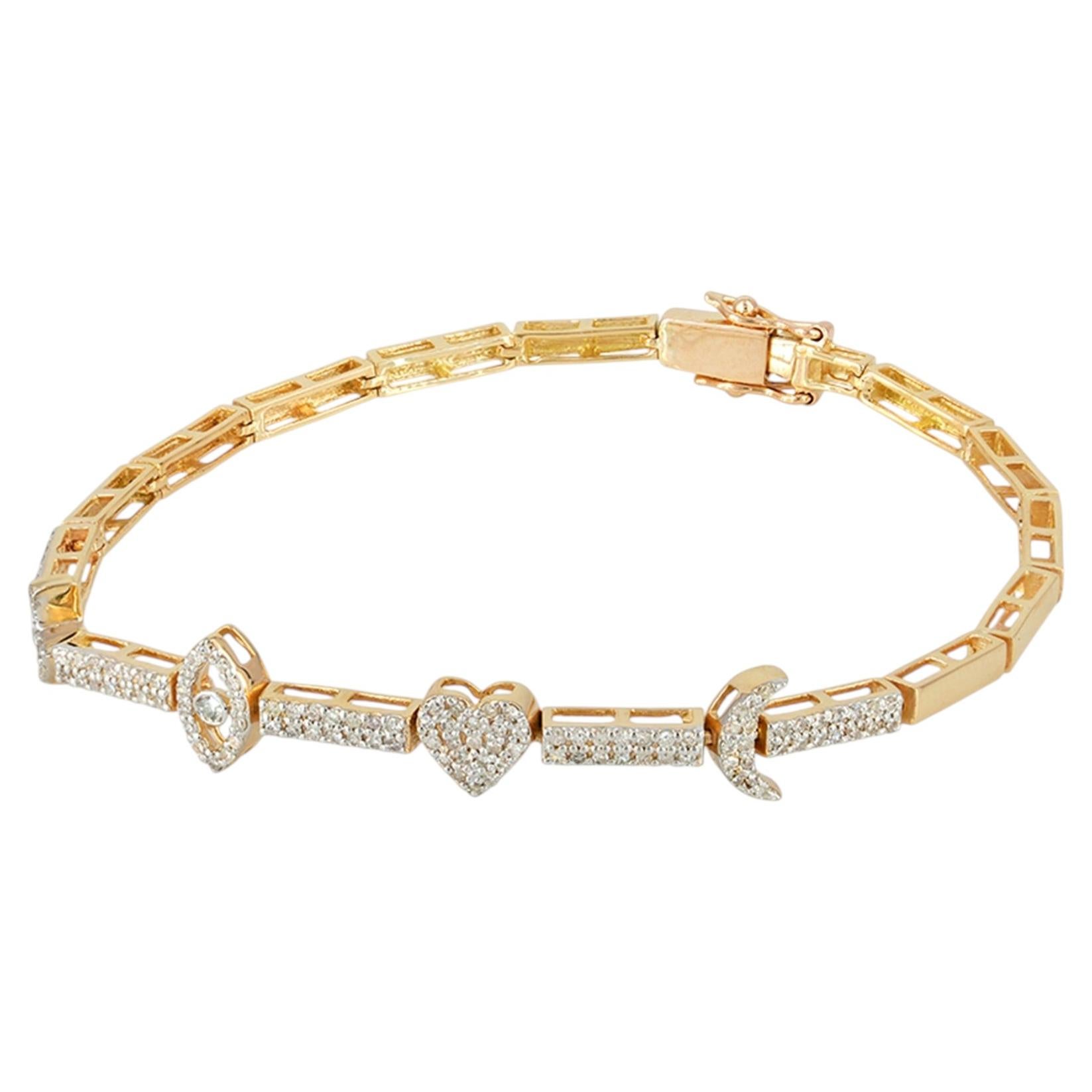 Natural Diamond Charms 14k Gold Link Bracelet Fine Jewelry Unisex 7"