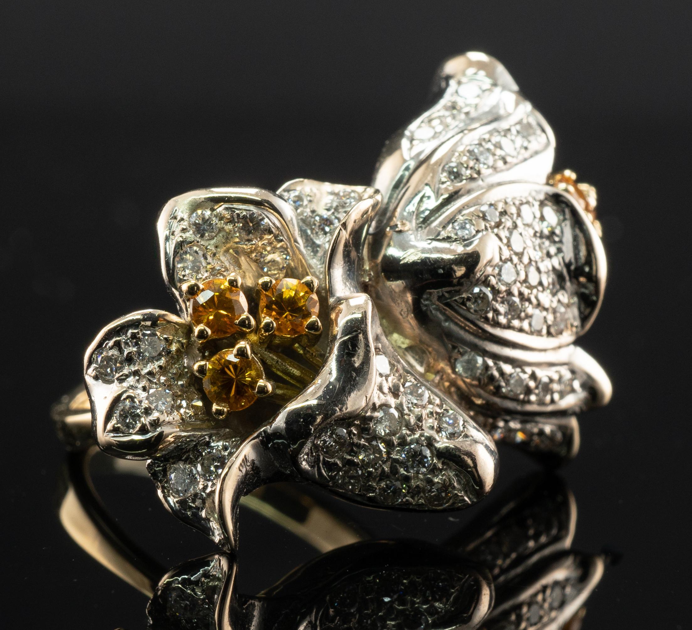 Natural Diamond Citrine Ring 14K Gold Flower Vintage For Sale 5