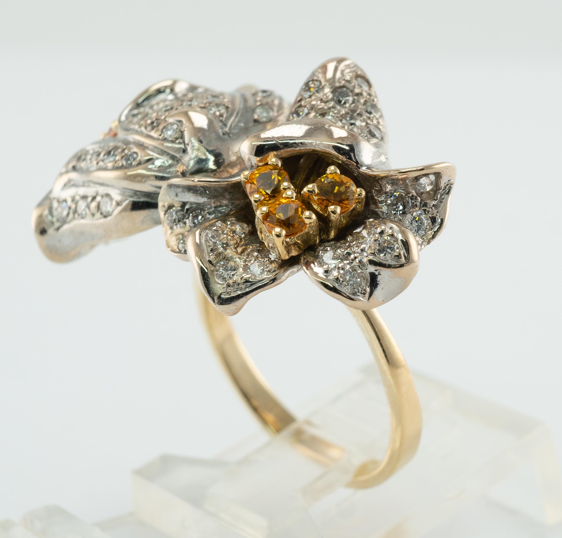 Natural Diamond Citrine Ring 14K Gold Flower Vintage For Sale 7