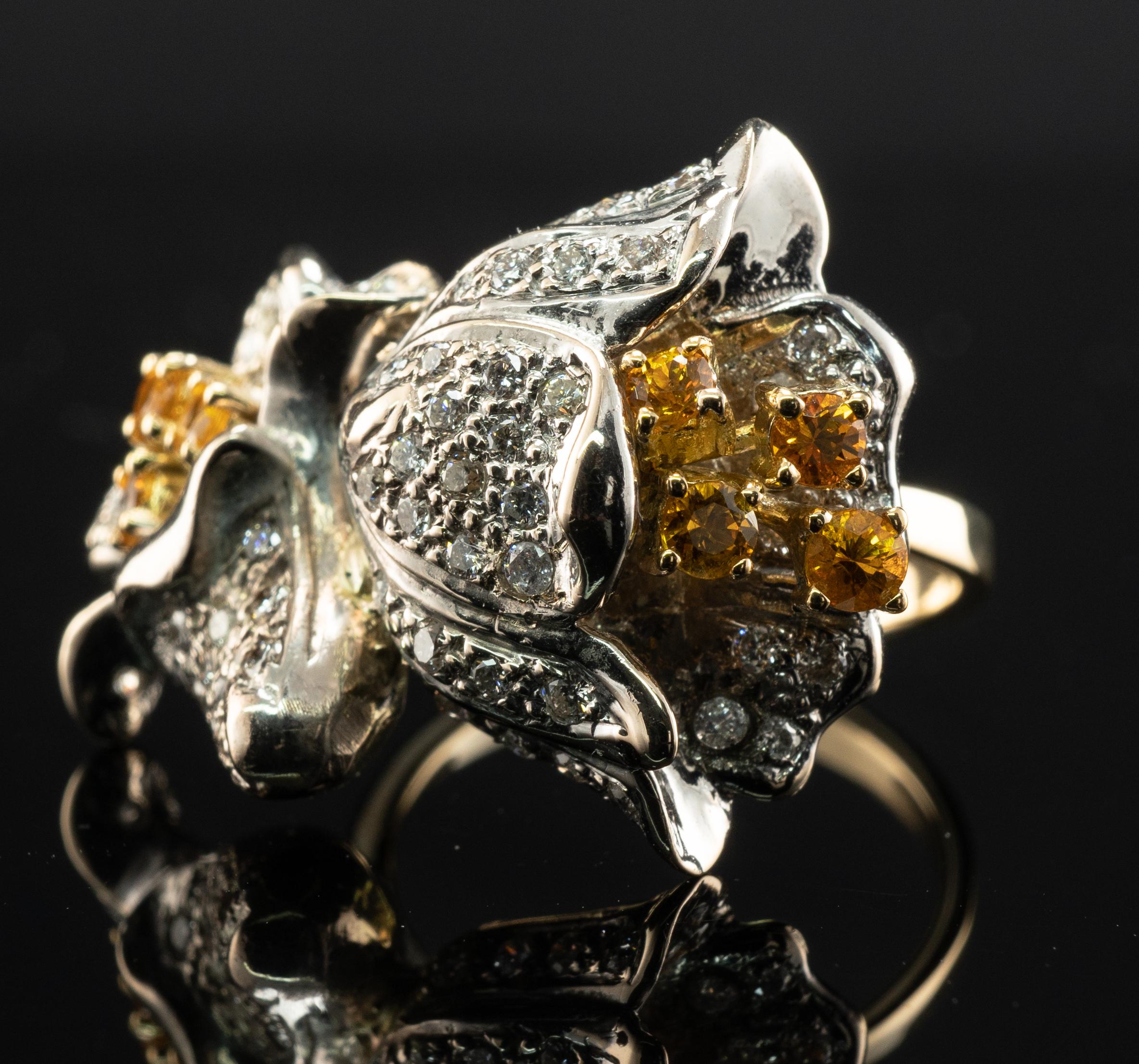 Round Cut Natural Diamond Citrine Ring 14K Gold Flower Vintage For Sale