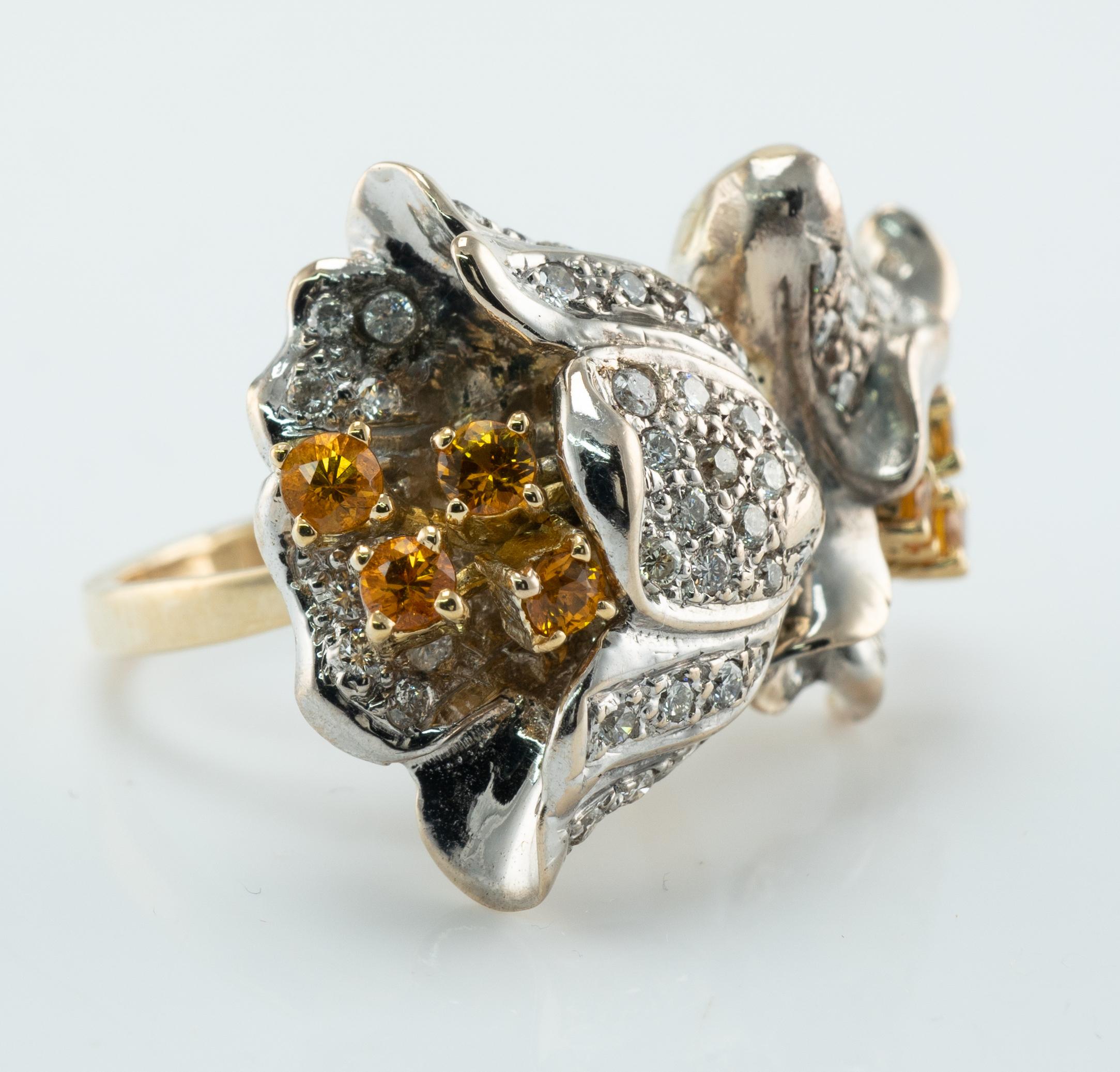 Natural Diamond Citrine Ring 14K Gold Flower Vintage In Good Condition For Sale In East Brunswick, NJ