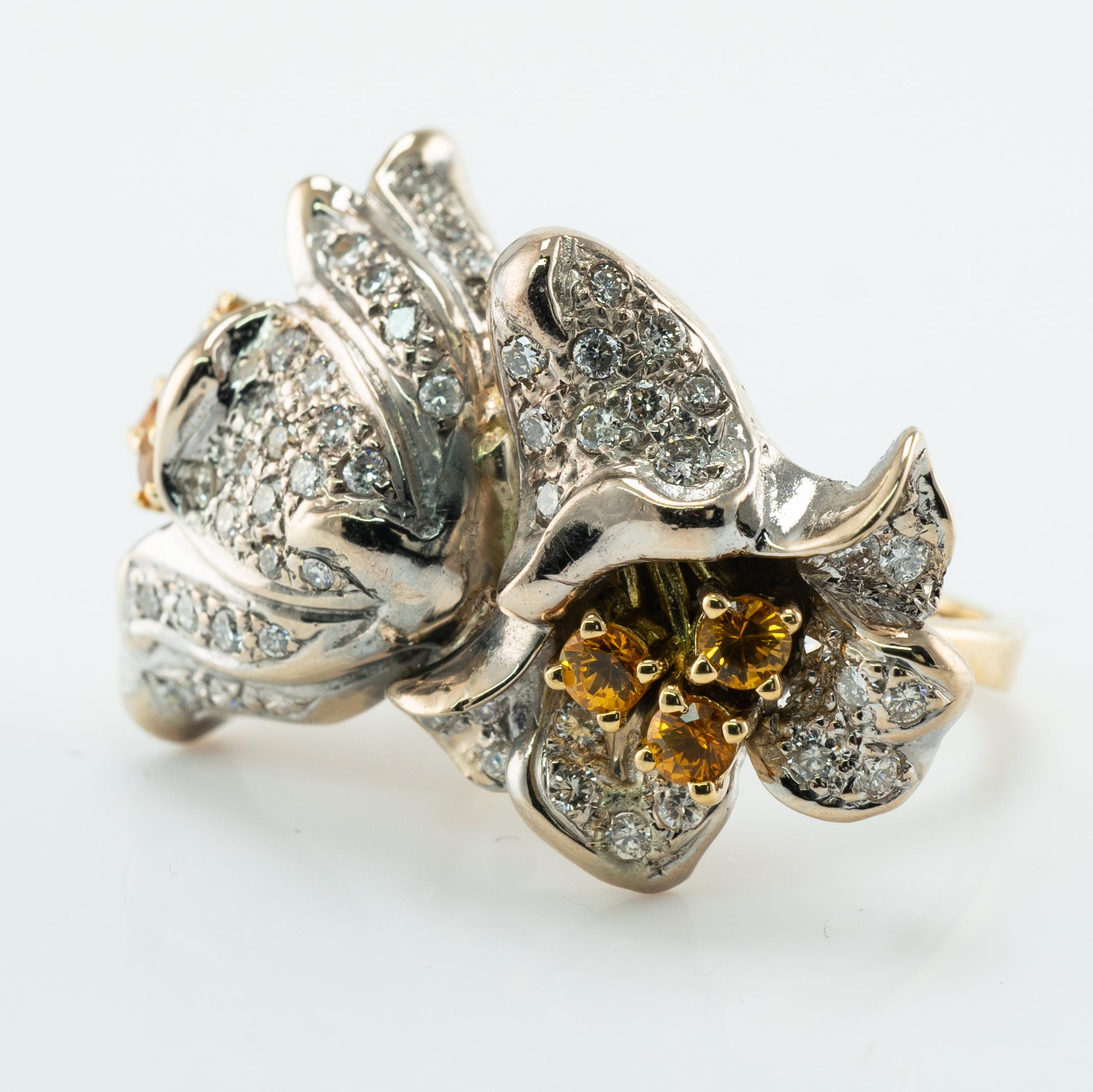 Women's Natural Diamond Citrine Ring 14K Gold Flower Vintage For Sale