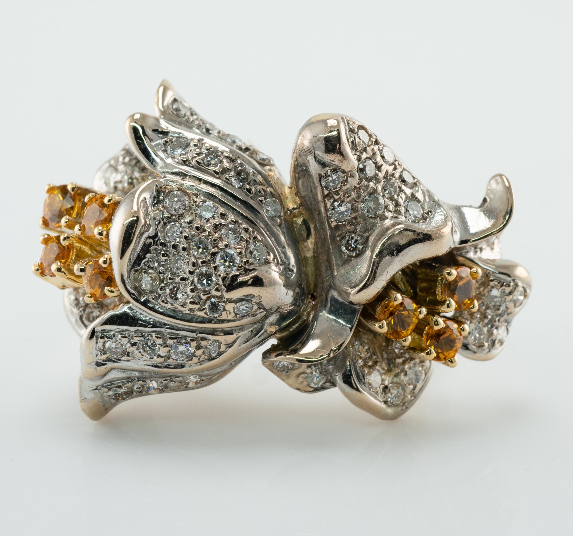 Natural Diamond Citrine Ring 14K Gold Flower Vintage For Sale 2