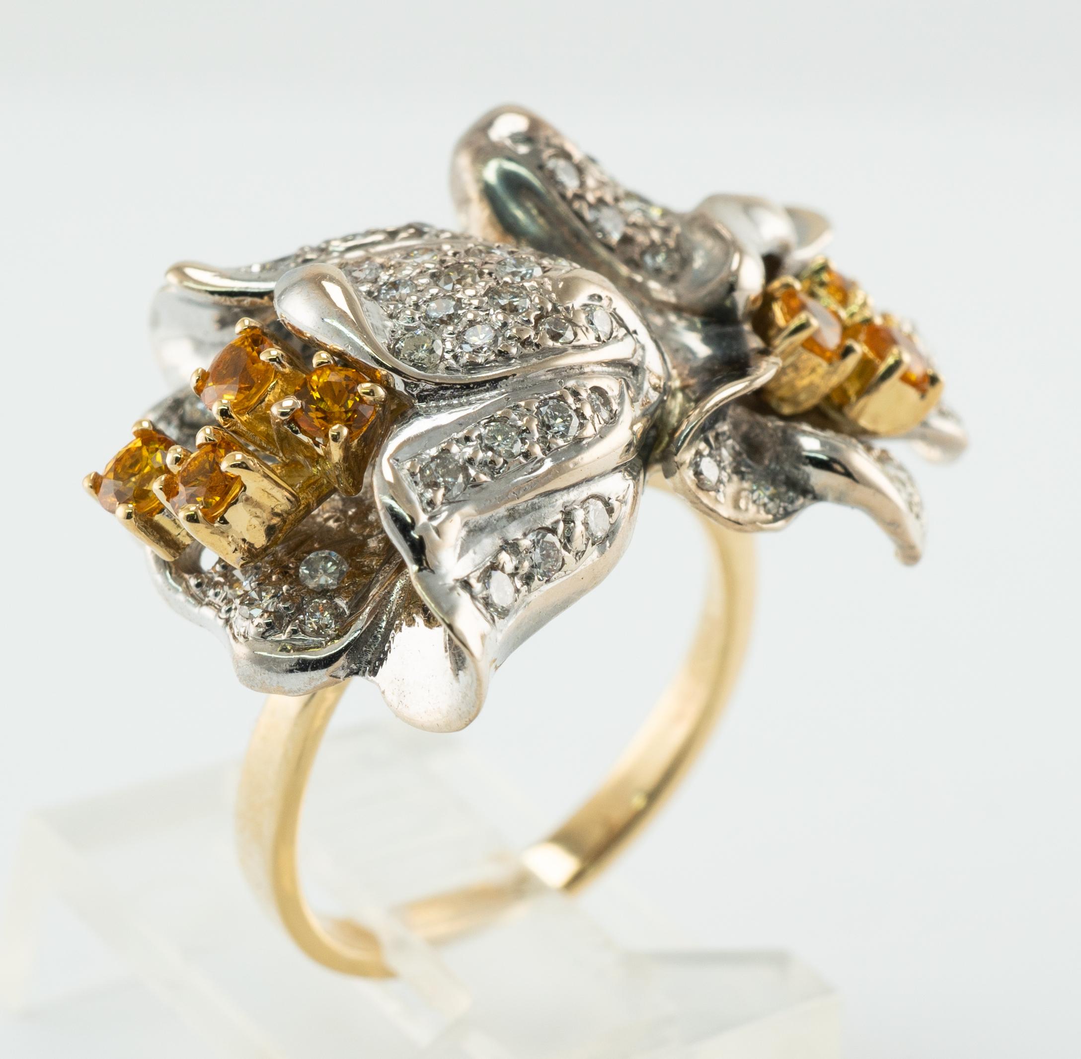 Natural Diamond Citrine Ring 14K Gold Flower Vintage For Sale 3