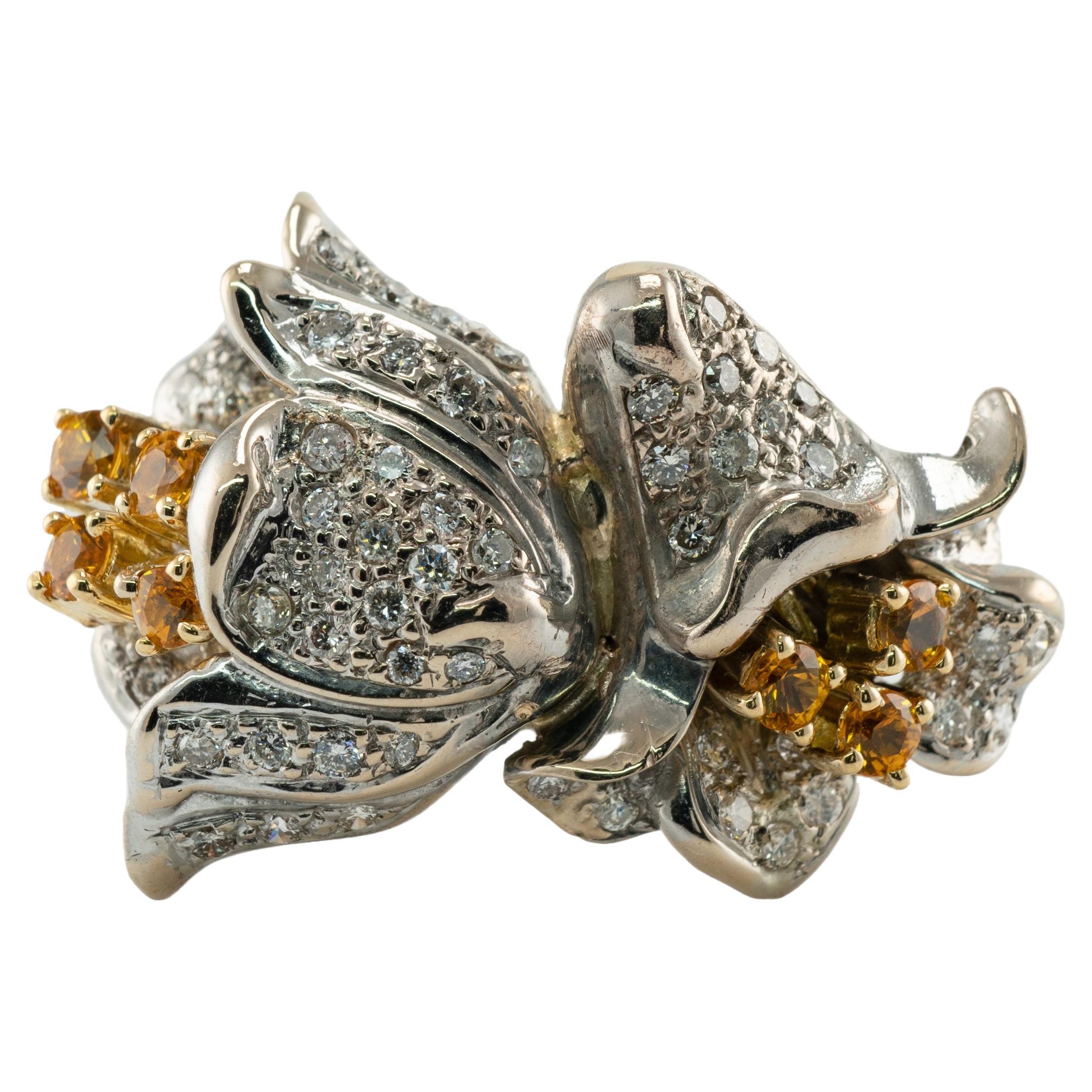 Natural Diamond Citrine Ring 14K Gold Flower Vintage For Sale