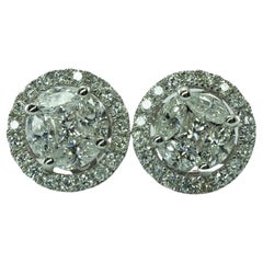 Natural Diamond Cluster Earrings, Round 14K White Gold Studs 1.20 Ctw