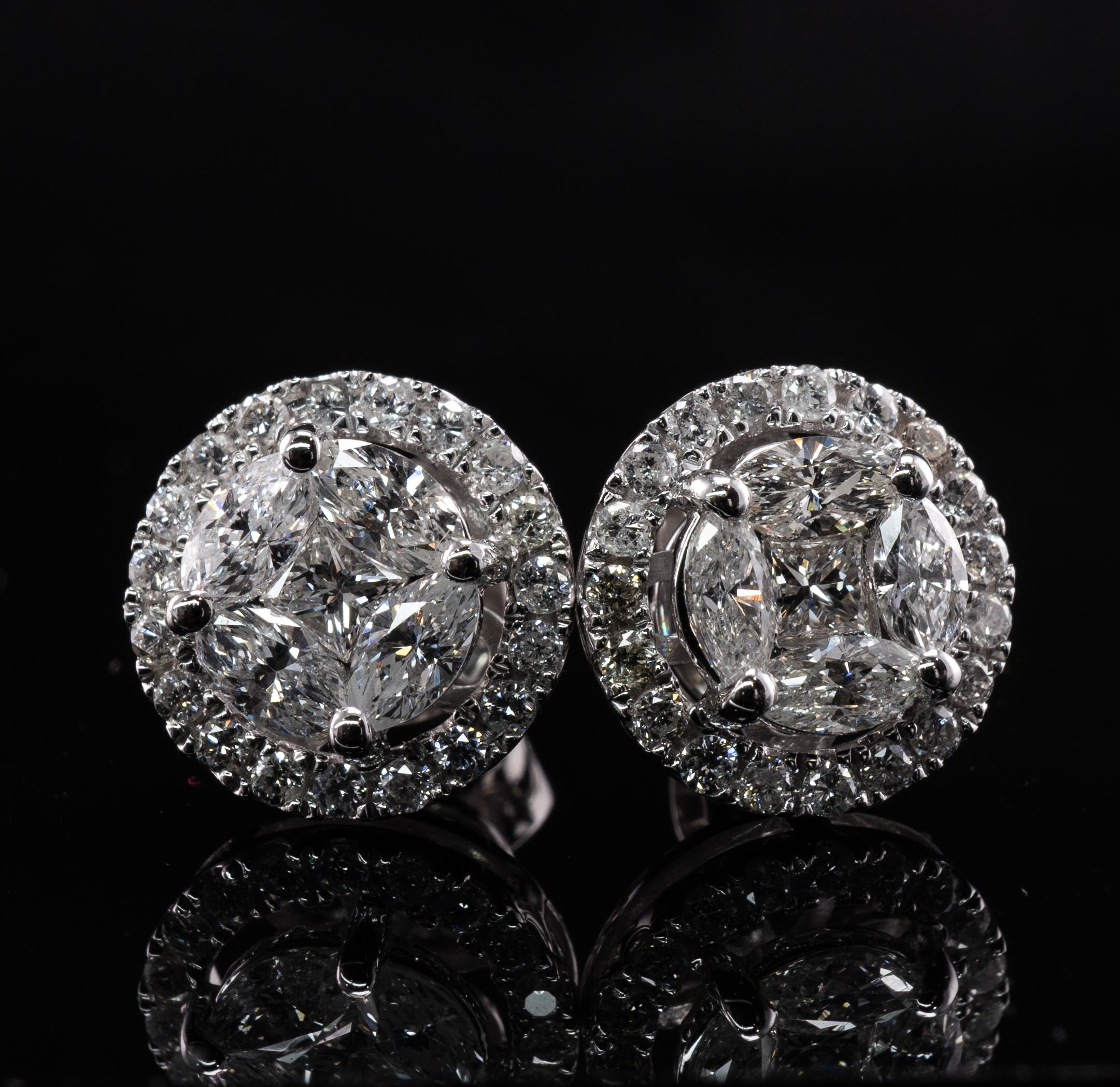 Taglio misto Orecchini a grappolo con diamanti naturali, borchie rotonde in oro bianco 14K 1,20 Ctw in vendita