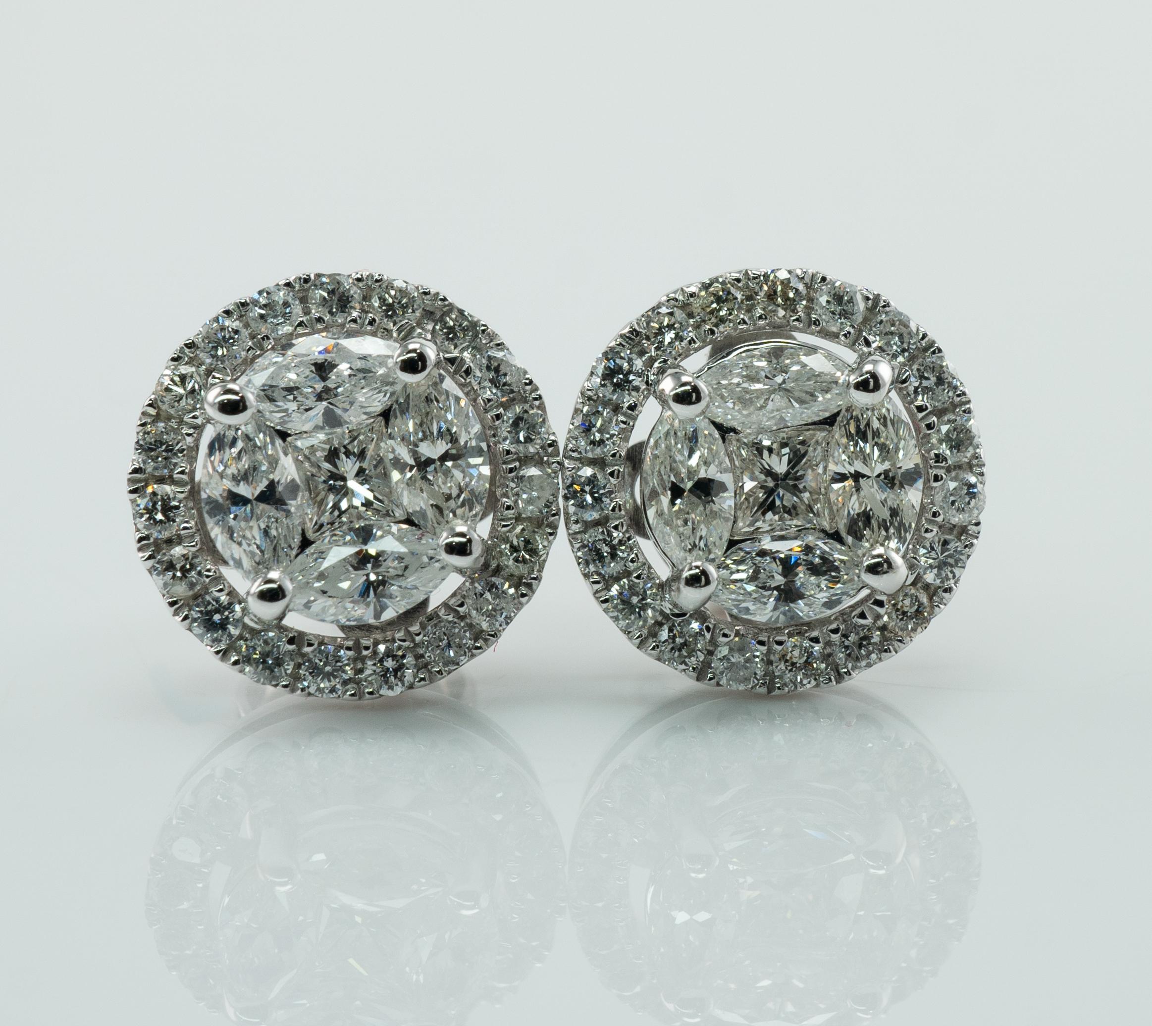 Orecchini a grappolo con diamanti naturali, borchie rotonde in oro bianco 14K 1,20 Ctw in vendita 1