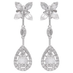 Natural Diamond Cluster Floral Dangle Drop Earrings 18 Karat White Gold