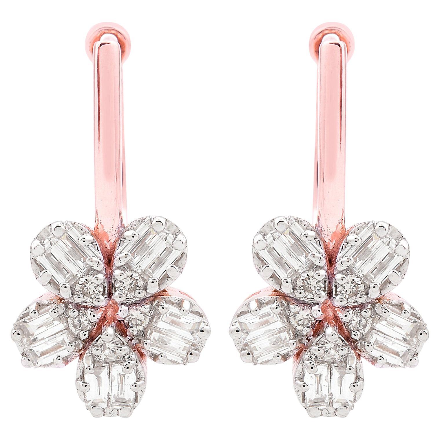 Pendientes de aro con flor de racimo de diamantes naturales Oro rosa de 14 quilates Joyería hecha a mano en venta