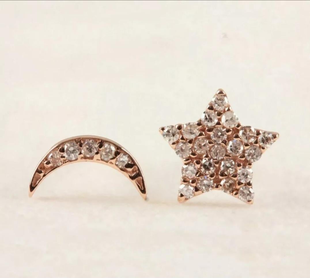 Natural Diamond Crescent Moon And Star Earring 14k Gold Party Earring Jewelry For Sale 4