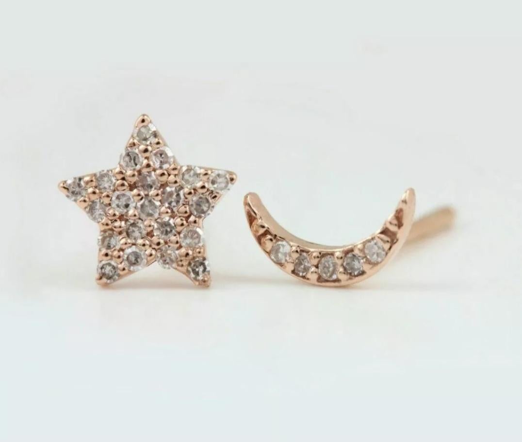 Art Deco Natural Diamond Crescent Moon And Star Earring 14k Gold Party Earring Jewelry For Sale