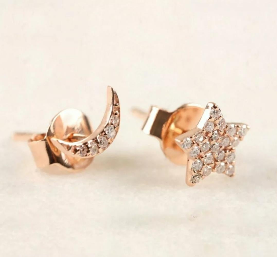 Natural Diamond Crescent Moon And Star Earring 14k Gold Party Earring Jewelry For Sale 3