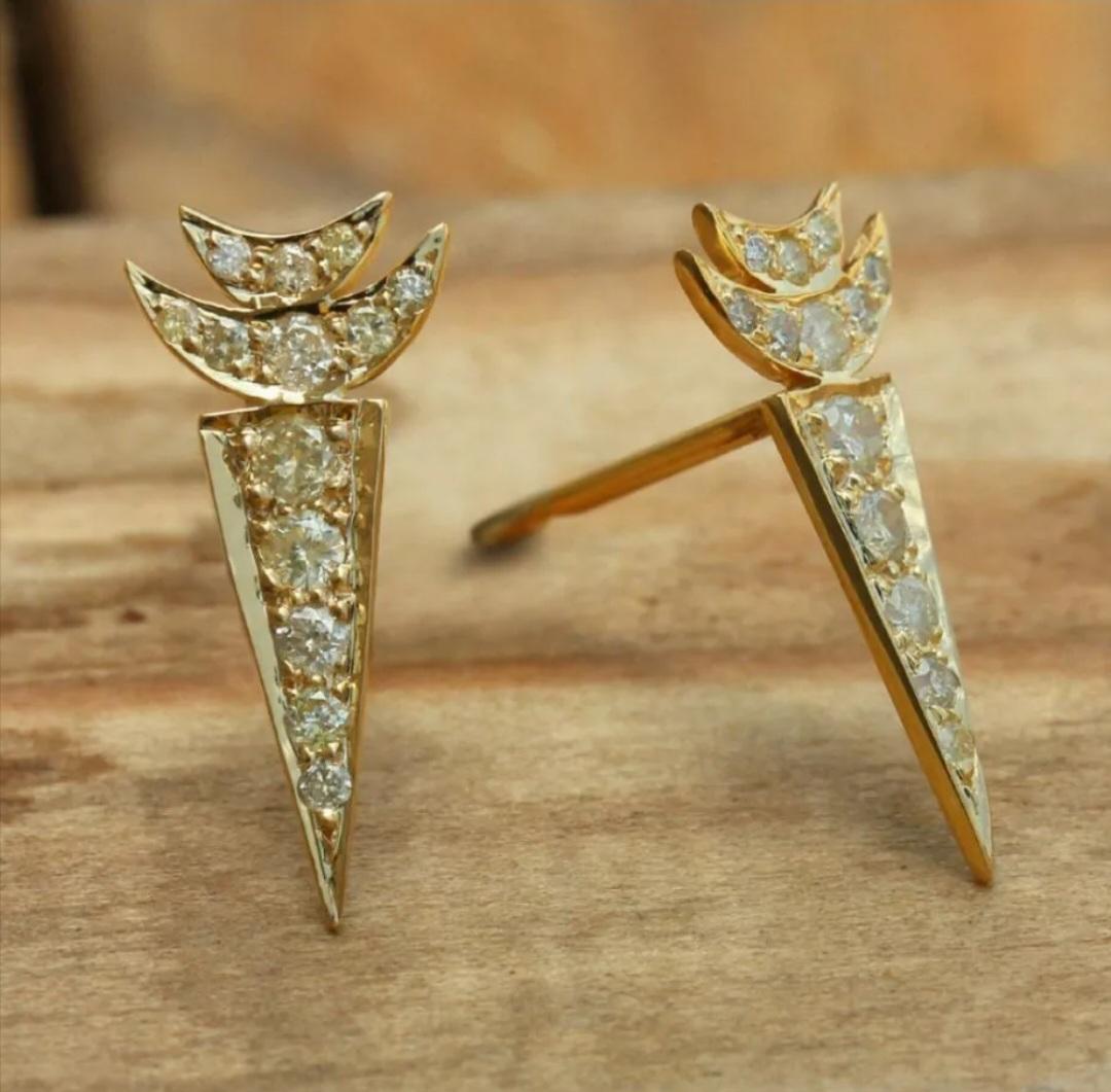 Art Deco Natural Diamond Crescent Moon Earring Studs 14K Yellow Gold Luxury Jewelry Gift. For Sale