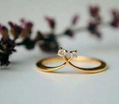 Natural Diamond Cross Chevron Ring 14k Gold Stackable Crown Wedding Ring Tiara