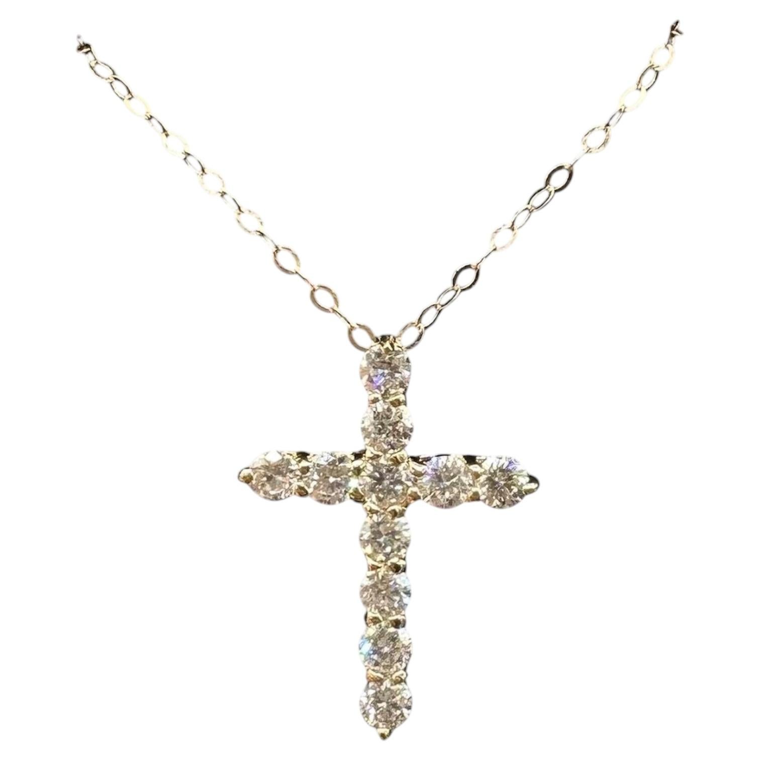 Collana con croce in diamanti naturali, oro giallo 14kt, 0,50 ct totali, GH SI, &New