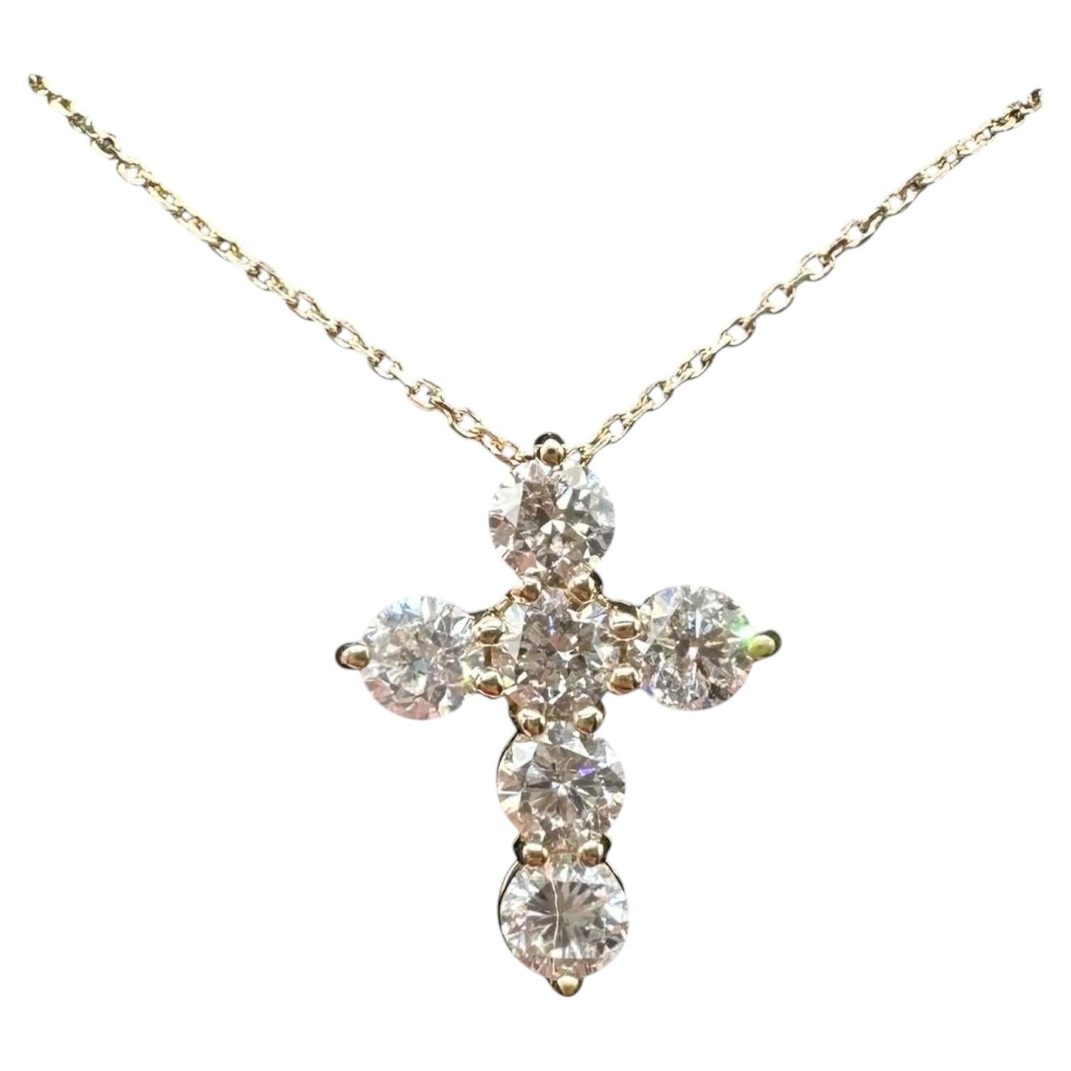 Collana con croce in diamanti naturali, oro giallo 14kt, 1,10 ct totali, GH SI I1, nuova