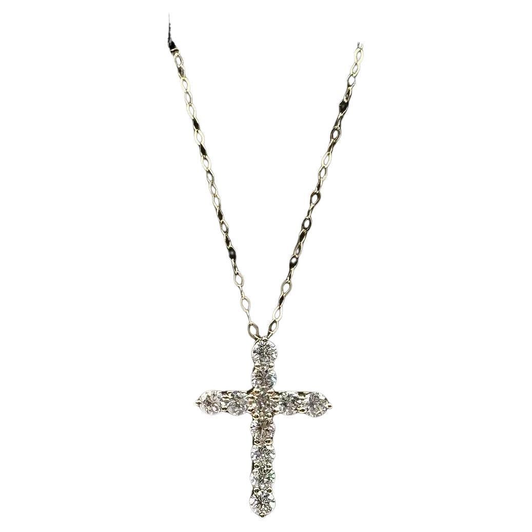 Collana con croce di diamanti naturali in oro giallo 14kt - 0,96ctw, 18in, New in vendita