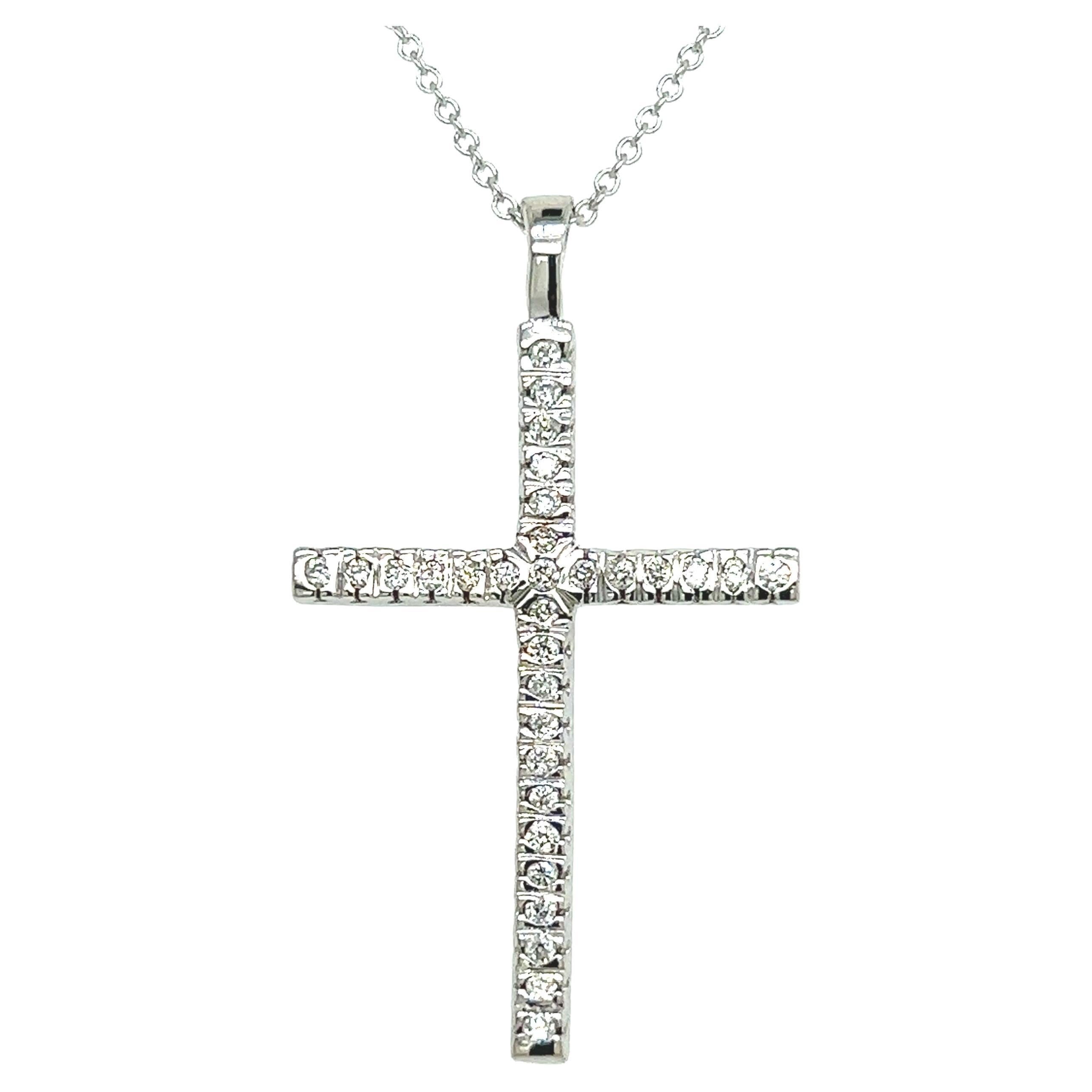 Natural Diamond Cross Pendant 17" Chain 14k White Gold 0.41 TCW Certified For Sale