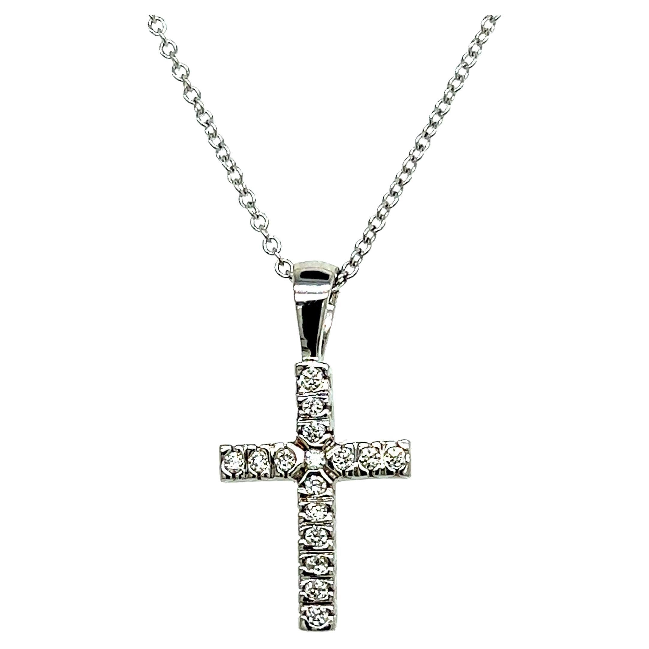 Natural Diamond Cross Pendant with Chain 17" 14k W Gold 0.17 CT Certified For Sale