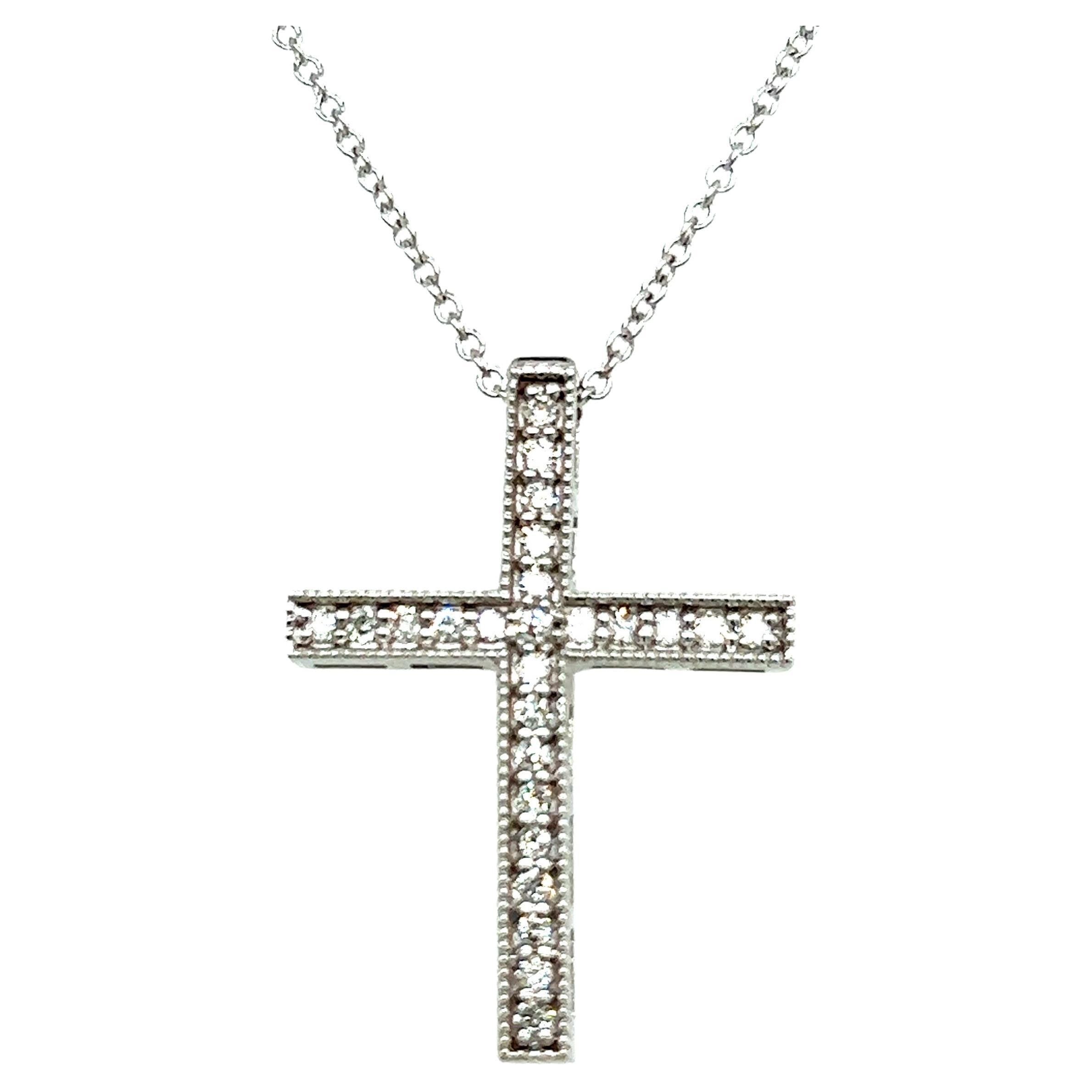 Natural Diamond Cross Pendant with Chain 17" 14k W Gold 0.25 CT Certified For Sale