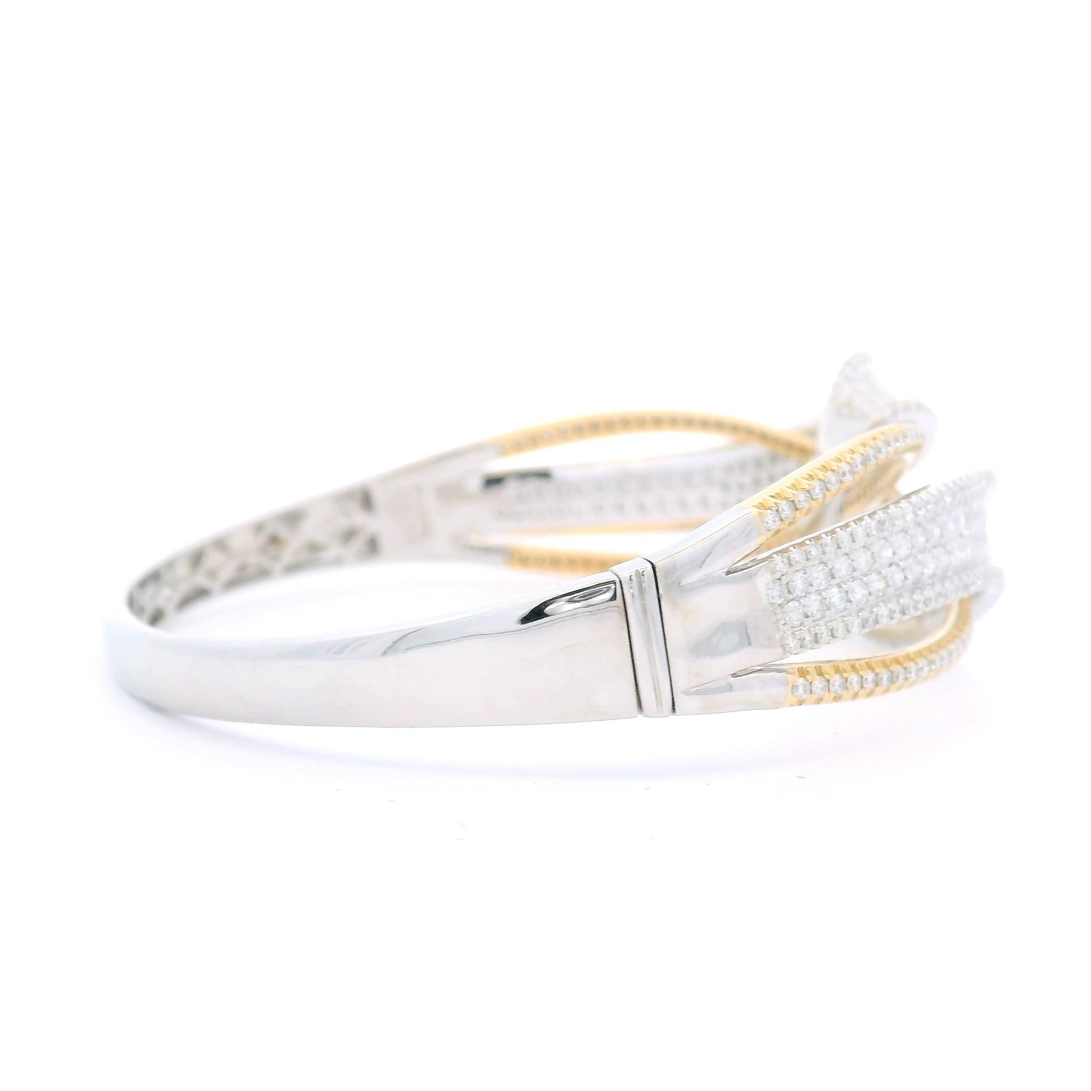 Contemporary Natural Diamond Crossover Bangle 4.25 Carats in Two-Tone 14K Gold For Sale