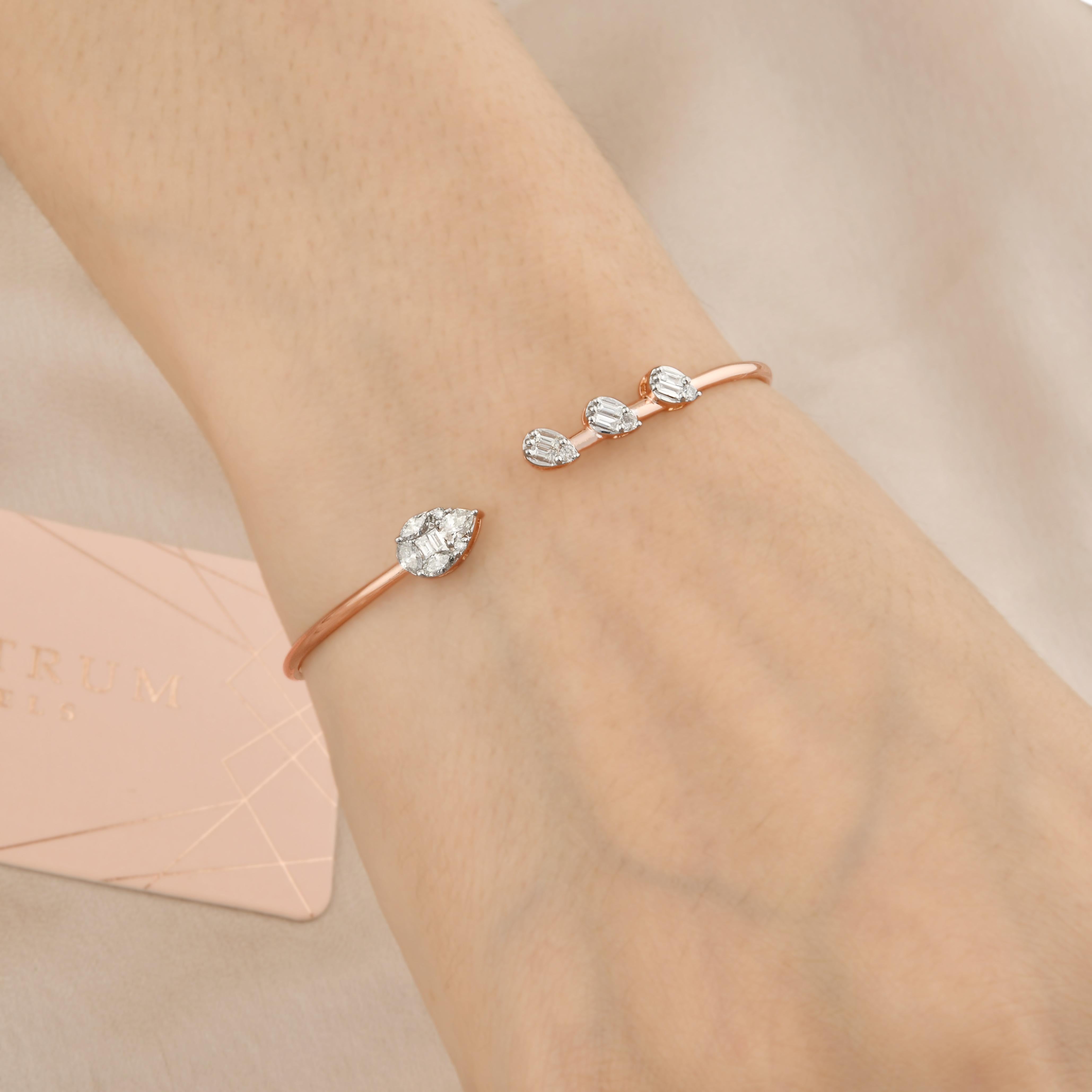 Modern Natural Diamond Cuff Bangle 18k Solid Rose Gold Stackable Bangle Bracelet For Sale