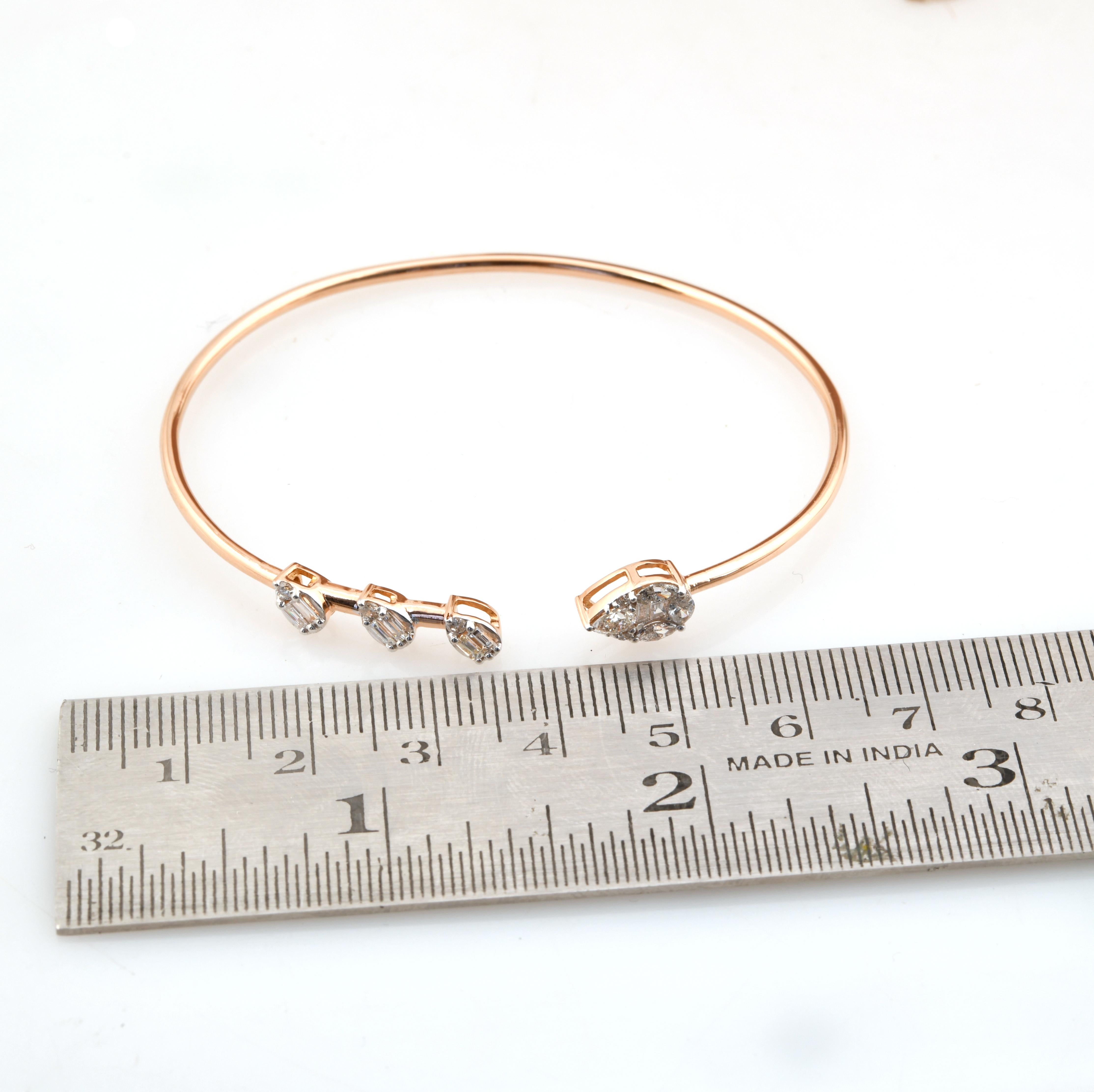 Baguette Cut Natural Diamond Cuff Bangle 18k Solid Rose Gold Stackable Bangle Bracelet For Sale