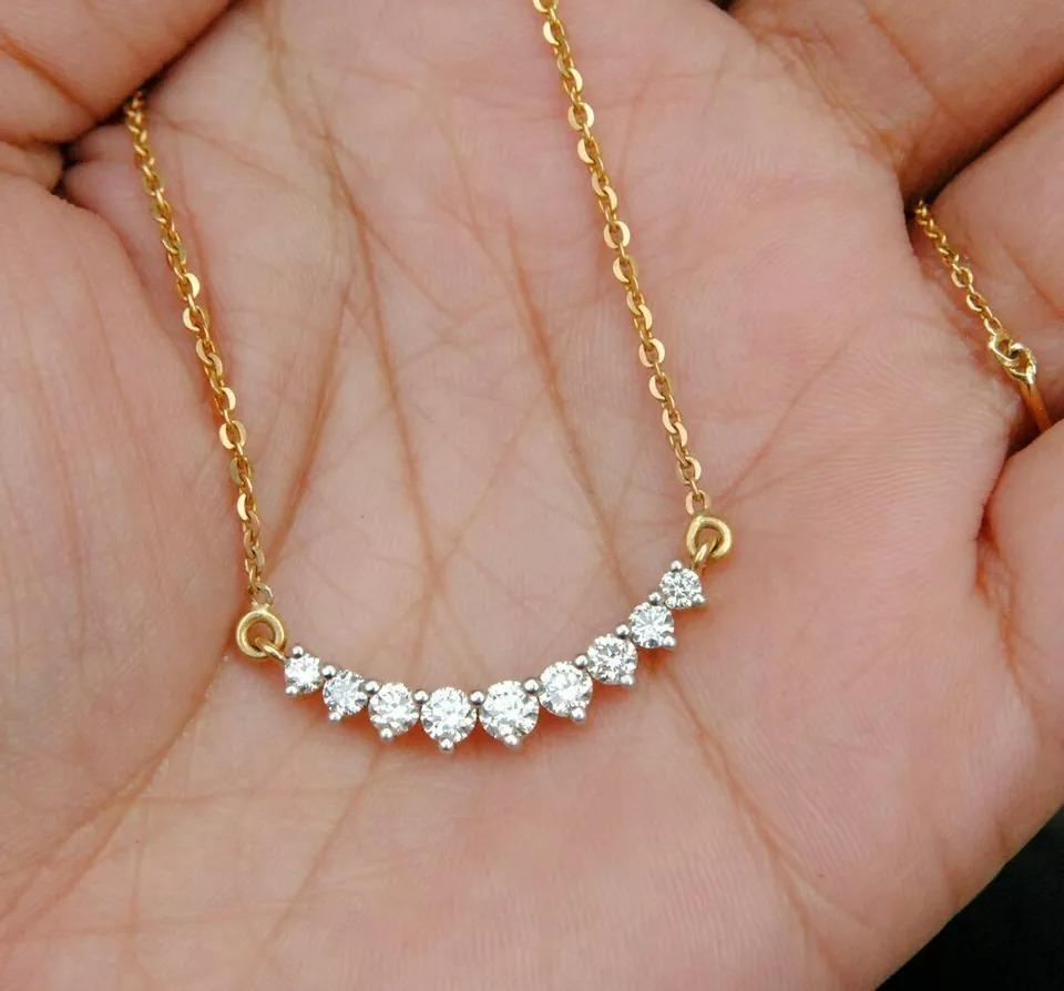 Natural Diamond Curved Bar Pendant 14k Solid Gold Bridal In New Condition For Sale In Chicago, IL