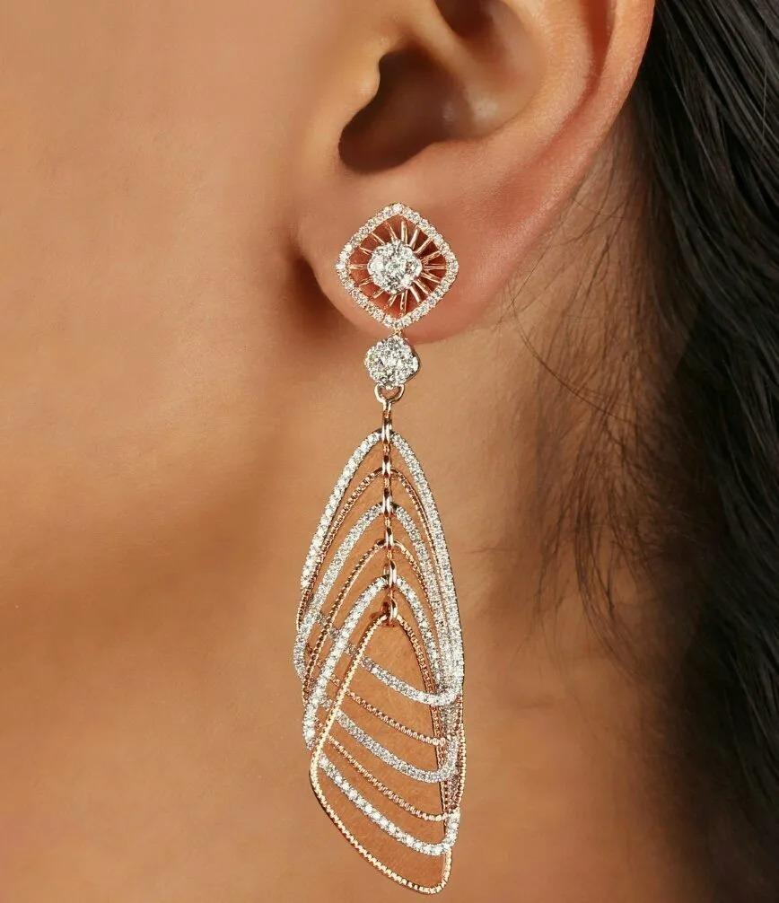 Round Cut Natural Diamond Designer Drop Earring 14k Rose Gold For Sale