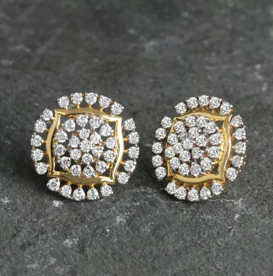 Round Cut Natural Diamond Designer Floral Stud Earrings 14K Solid Gold For Sale