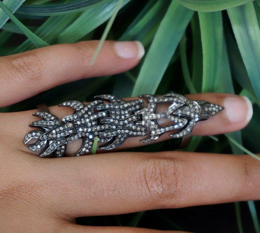 Art Deco Natural Diamond Designer Ring 925 Silver Knuckle Ring Full Finger For Sale