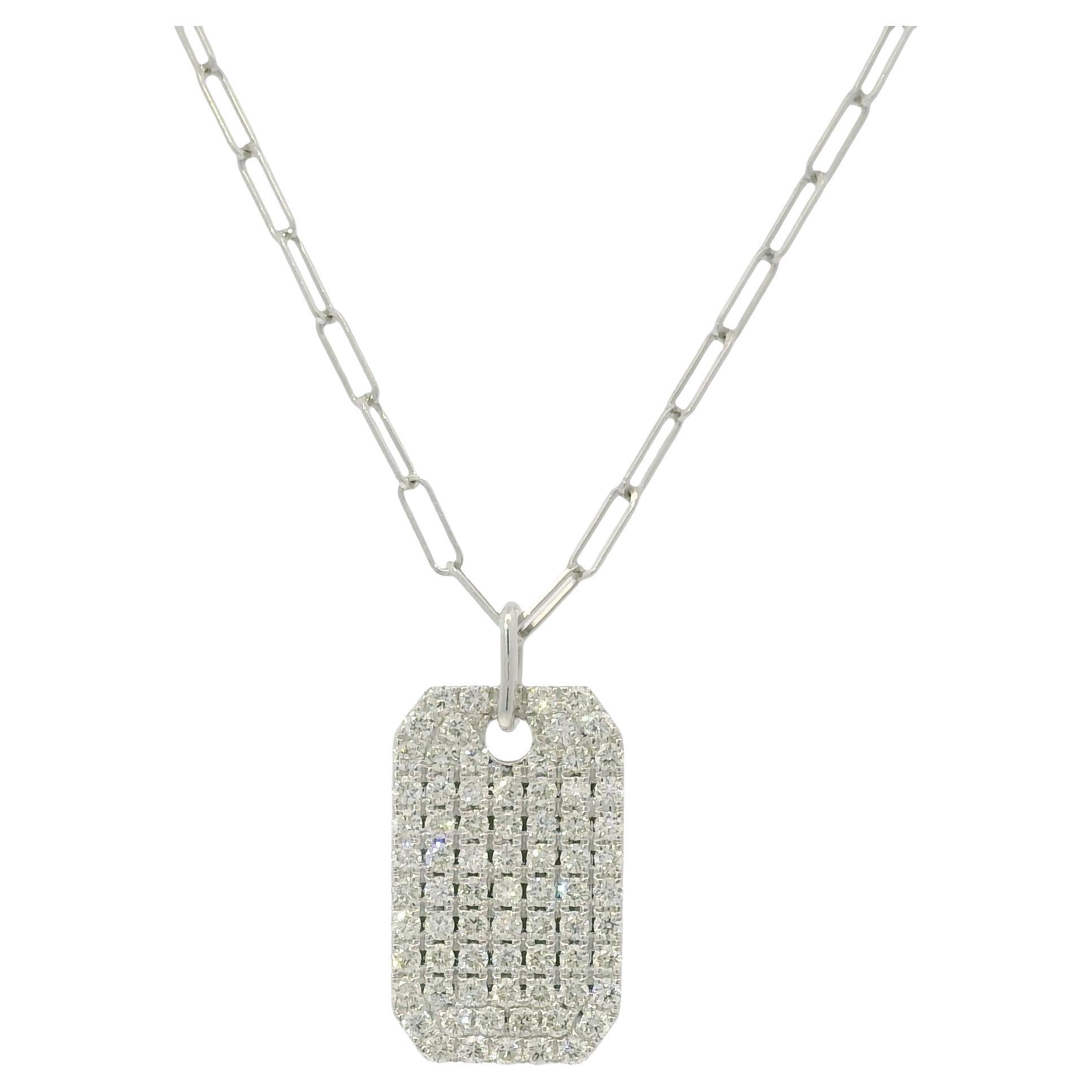 Natural Diamond Dog Tag 14-Karat Paperclip Chain Pendant Necklace In Stock