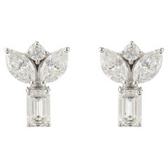 Natural Diamond Drop Earrings 1.80 Ct Emerald Marquise & Round Cut in 18K Gold