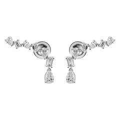 Natural Diamond Ear Climber Drop Earrings in 18K White Gold 2.18 Carats