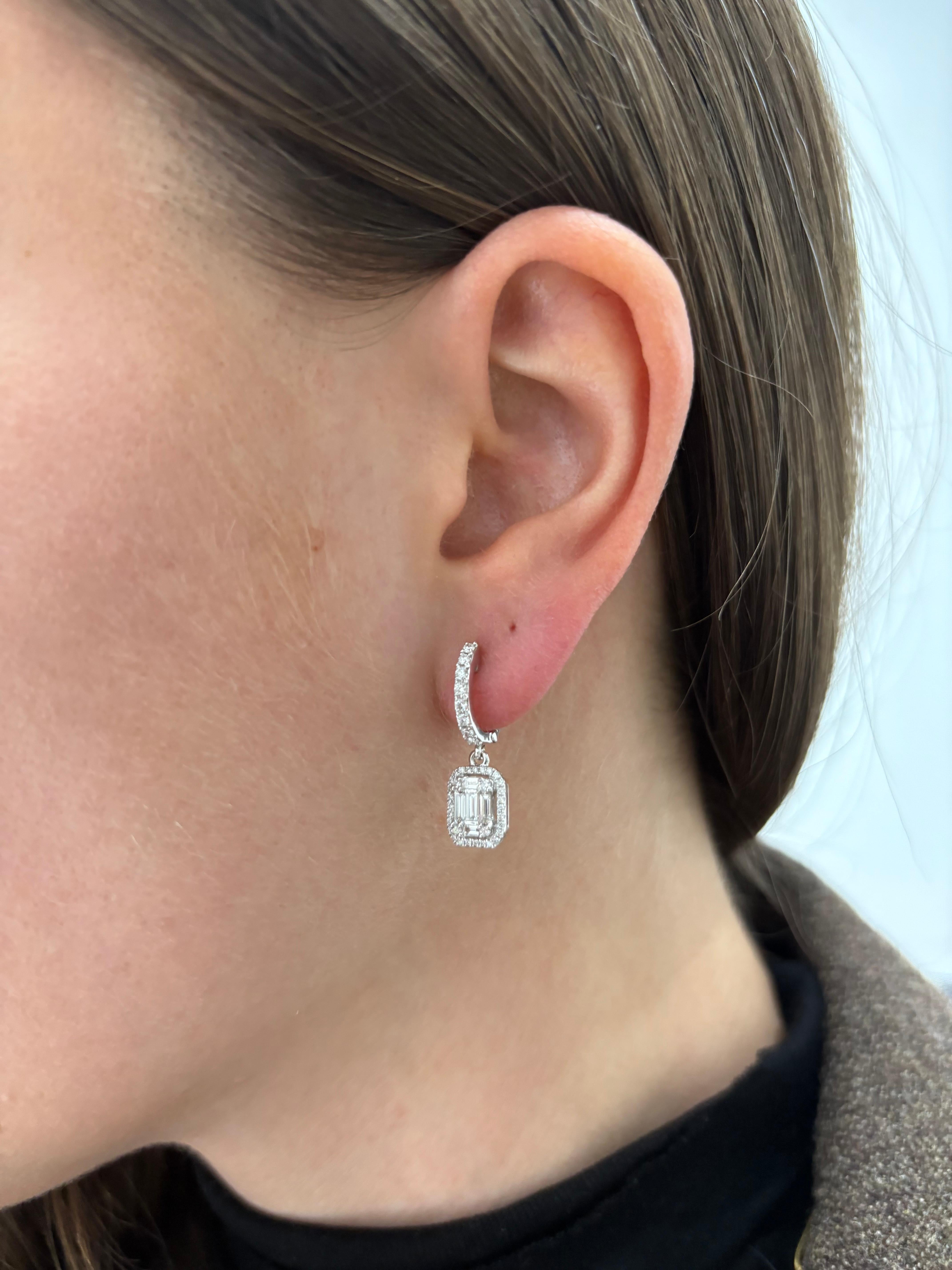 Women's Natural Diamond Earrings 0.83 cts 18 Karat White Gold Drop Dangler Hoop Earrings For Sale