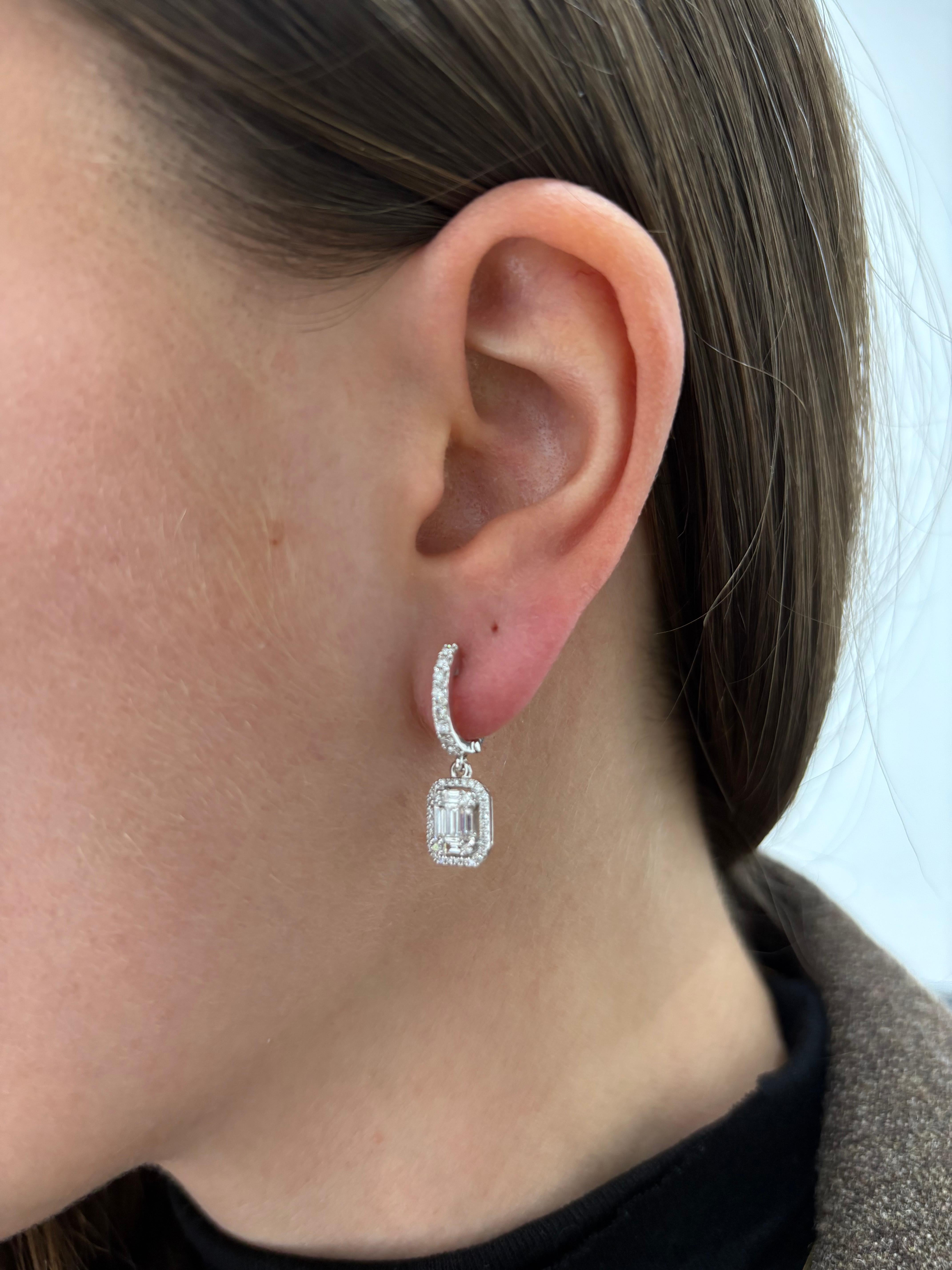 Natural Diamond Earrings 0.83 cts 18 Karat White Gold Drop Dangler Hoop Earrings For Sale 1