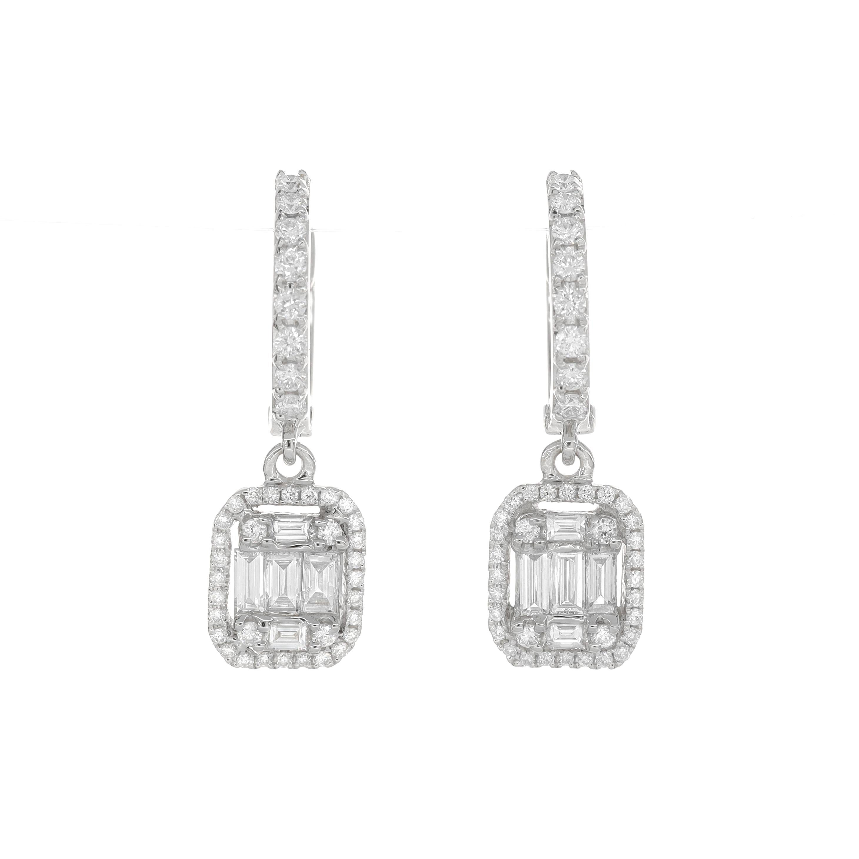 Modern Natural Diamond Earrings 0.83 cts 18 Karat White Gold Drop Dangler Hoop Earrings For Sale