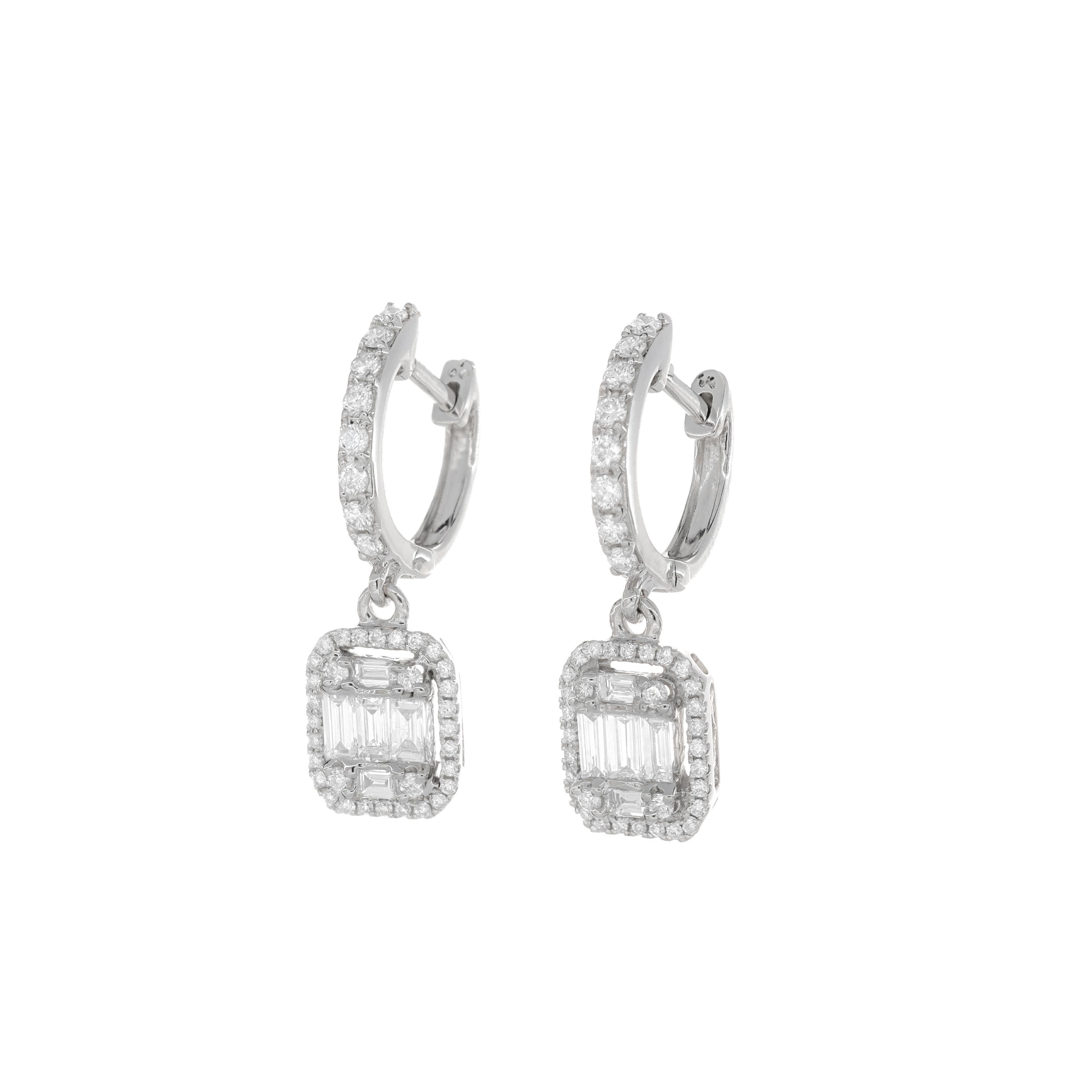 Baguette Cut Natural Diamond Earrings 0.83 cts 18 Karat White Gold Drop Dangler Hoop Earrings For Sale
