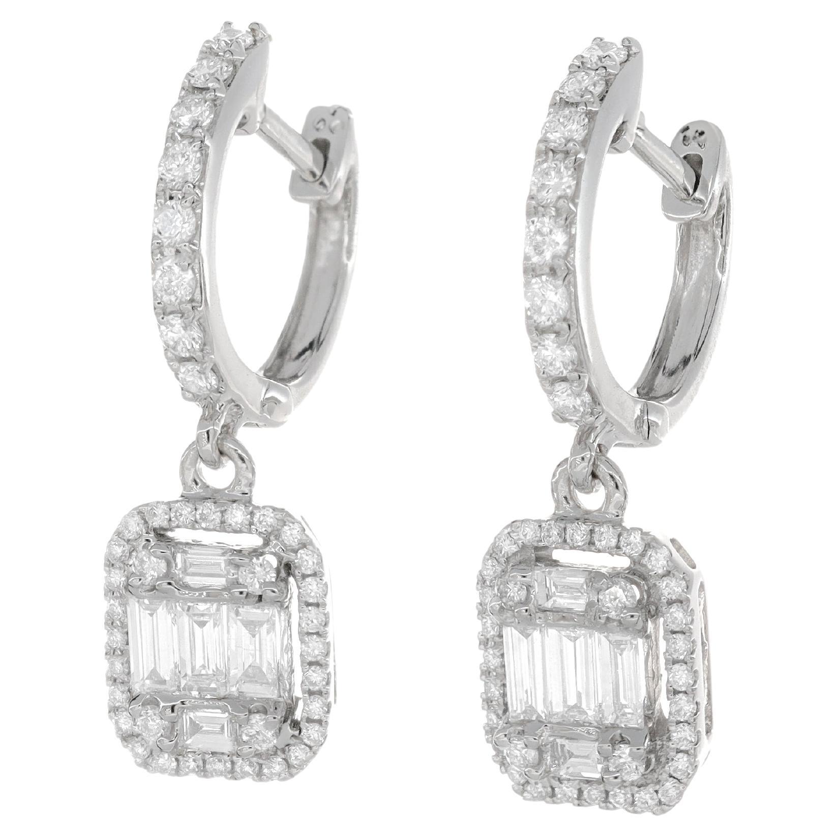 Natural Diamond Earrings 0.83 cts 18 Karat White Gold Drop Dangler Hoop Earrings For Sale