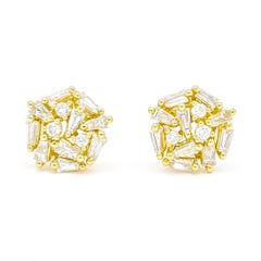 Natural Diamond Earrings 1.08 cts 18 Karat Yellow Gold Cluster Stud Earrings
