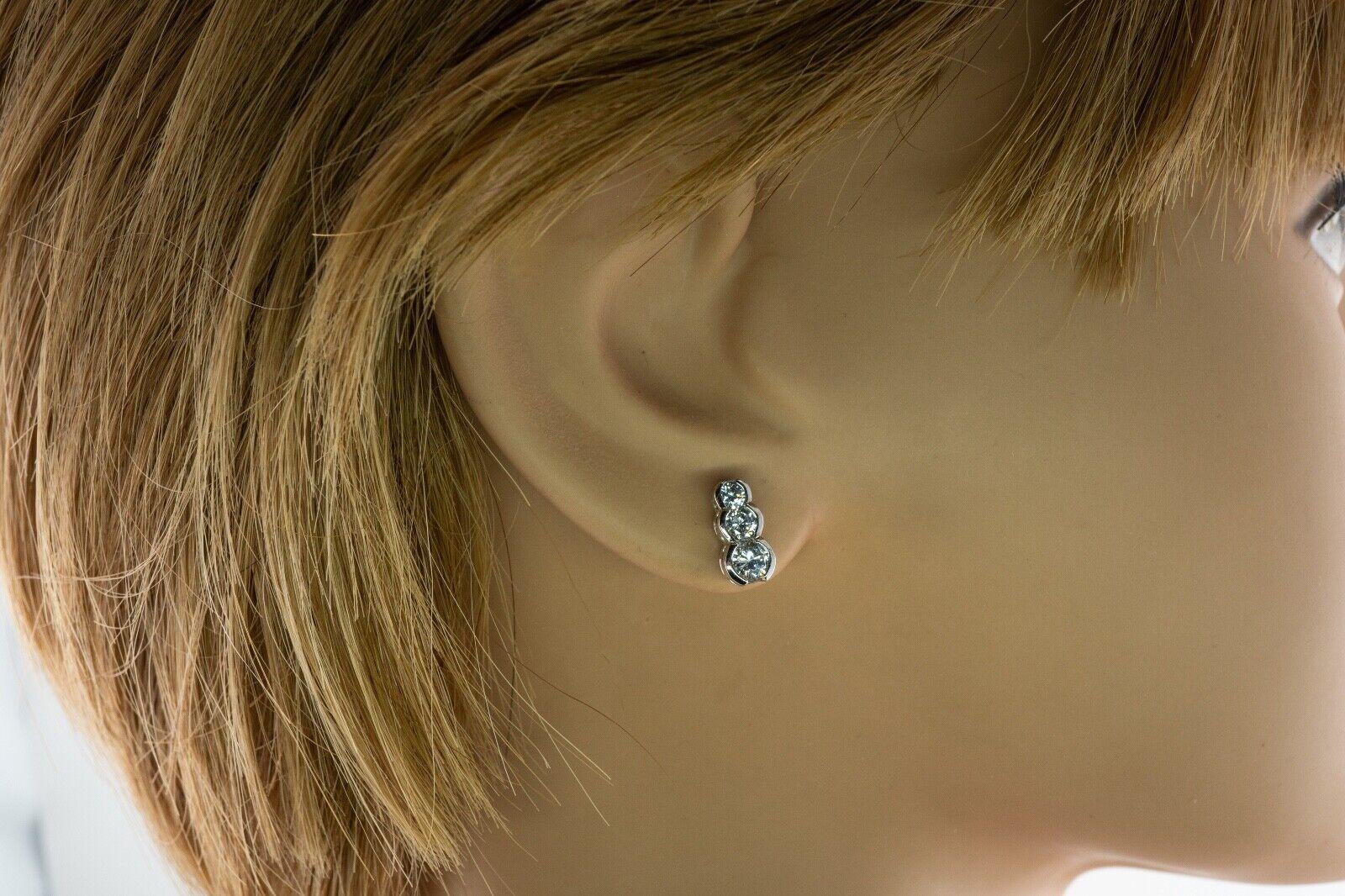 Natural Diamond Earrings 14k White Gold .90 TDW Three Stones For Sale 5