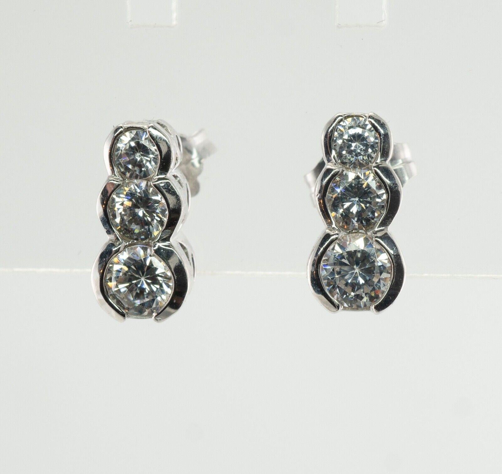Natural Diamond Earrings 14k White Gold .90 TDW Three Stones For Sale 6