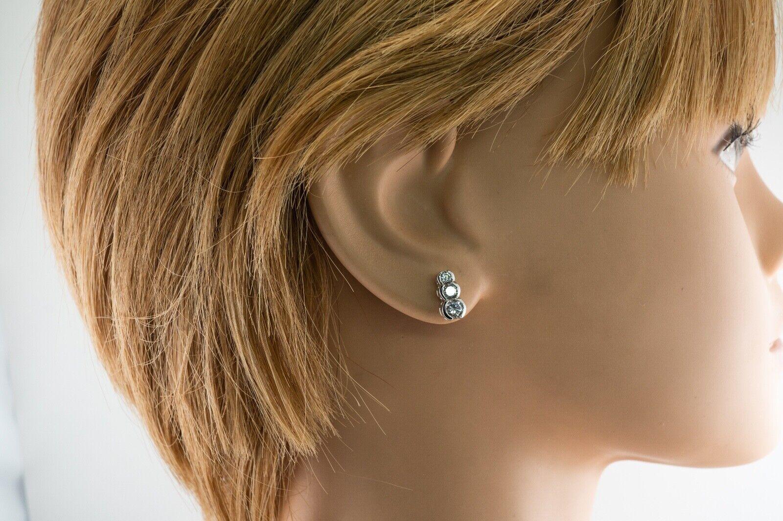 Natural Diamond Earrings 14k White Gold .90 TDW Three Stones For Sale 1
