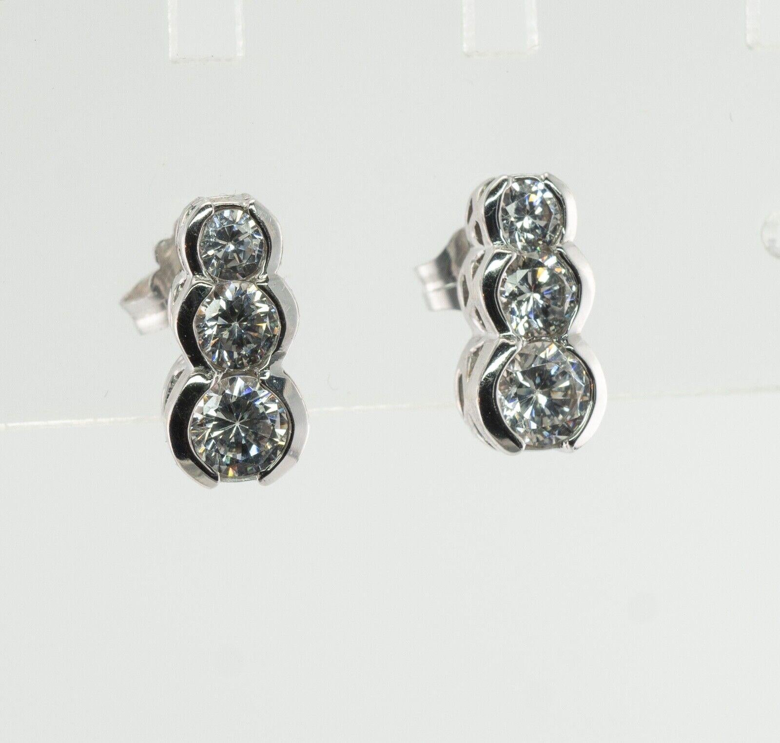 Natural Diamond Earrings 14k White Gold .90 TDW Three Stones For Sale 4