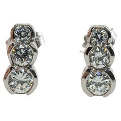 Vintage Natural Diamond Earrings 14k White Gold .90 TDW Three Stones