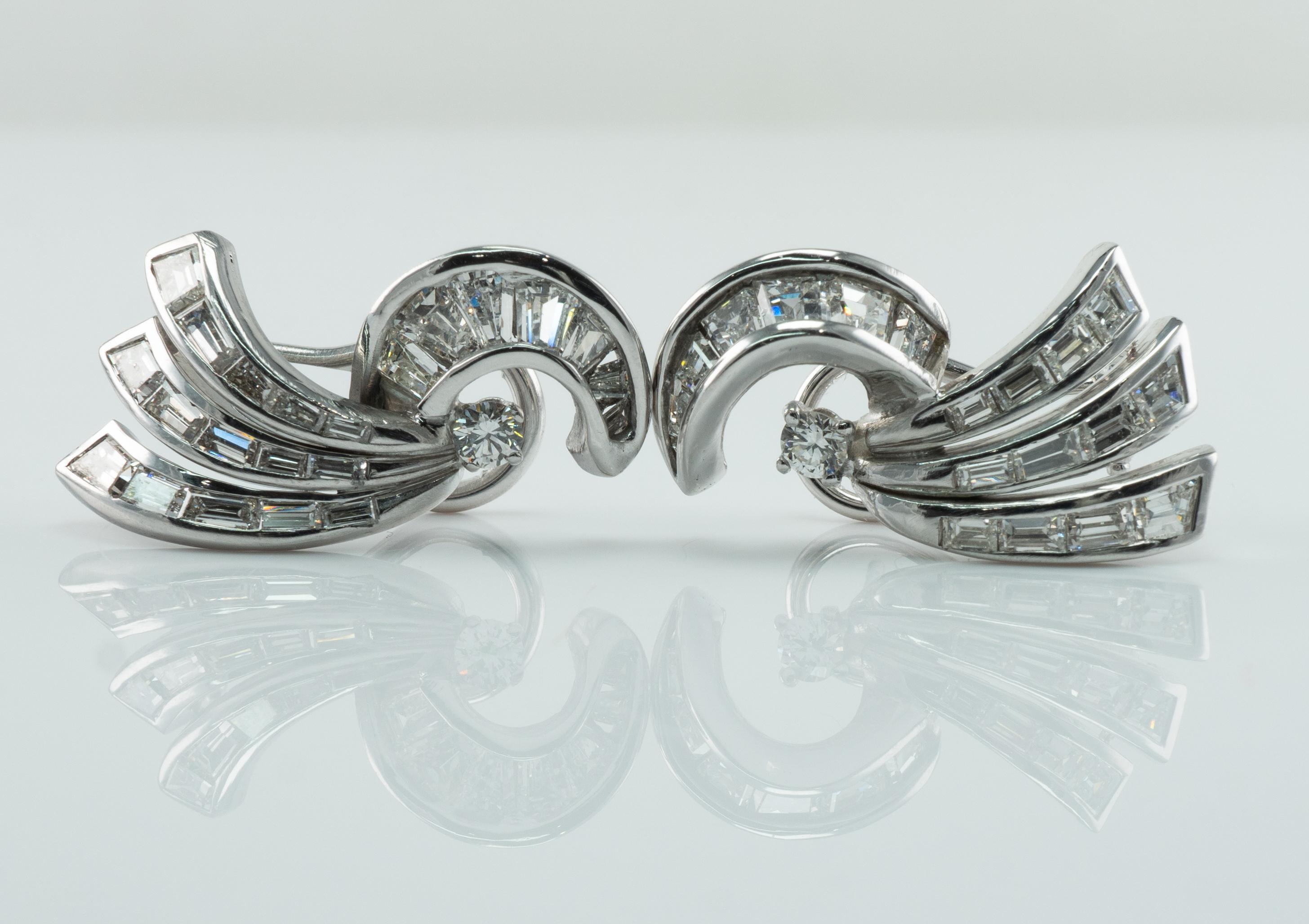 Mixed Cut Natural Diamond Earrings 14K White Gold Omega Locks Art Deco For Sale
