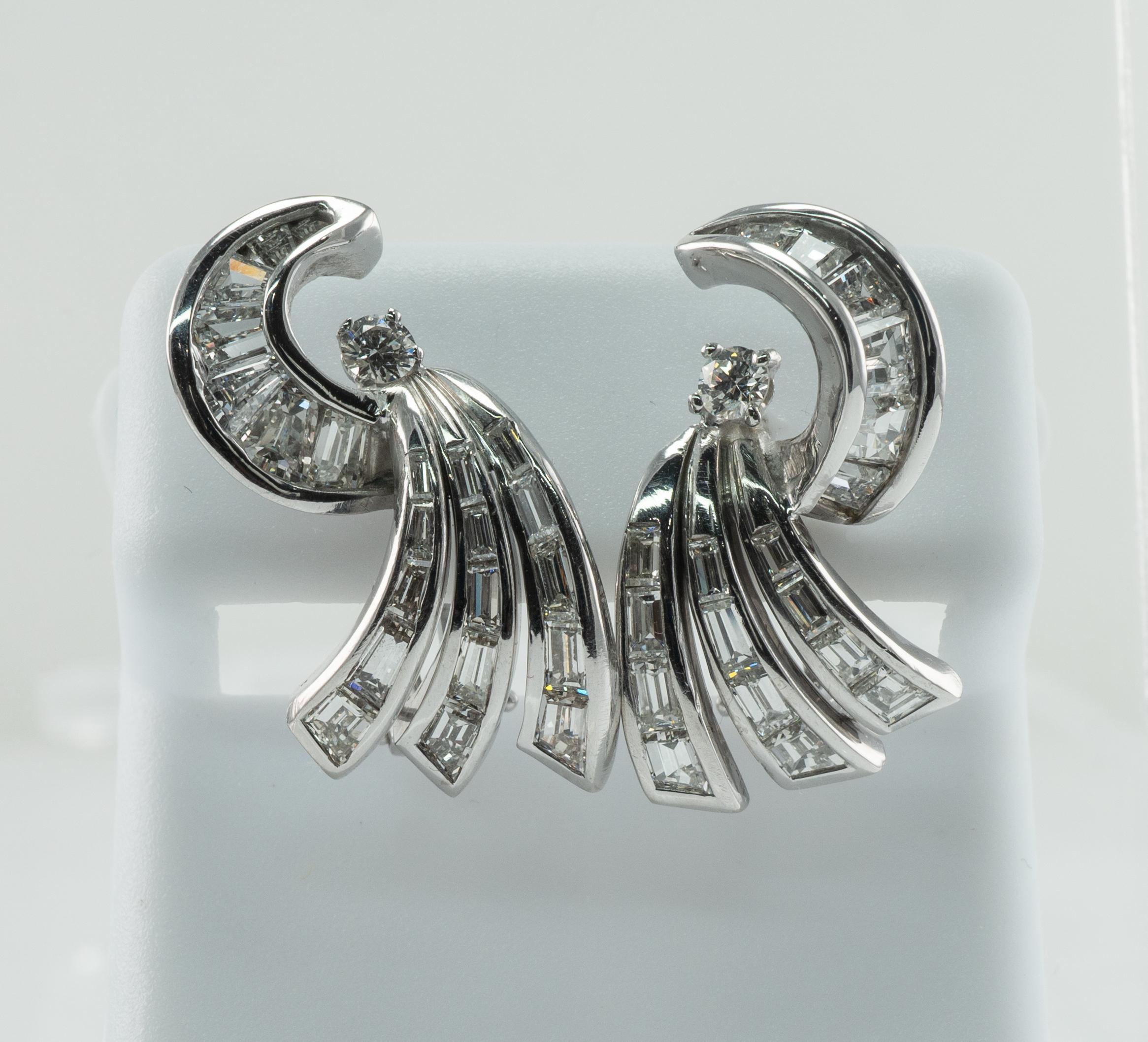 Women's Natural Diamond Earrings 14K White Gold Omega Locks Art Deco For Sale