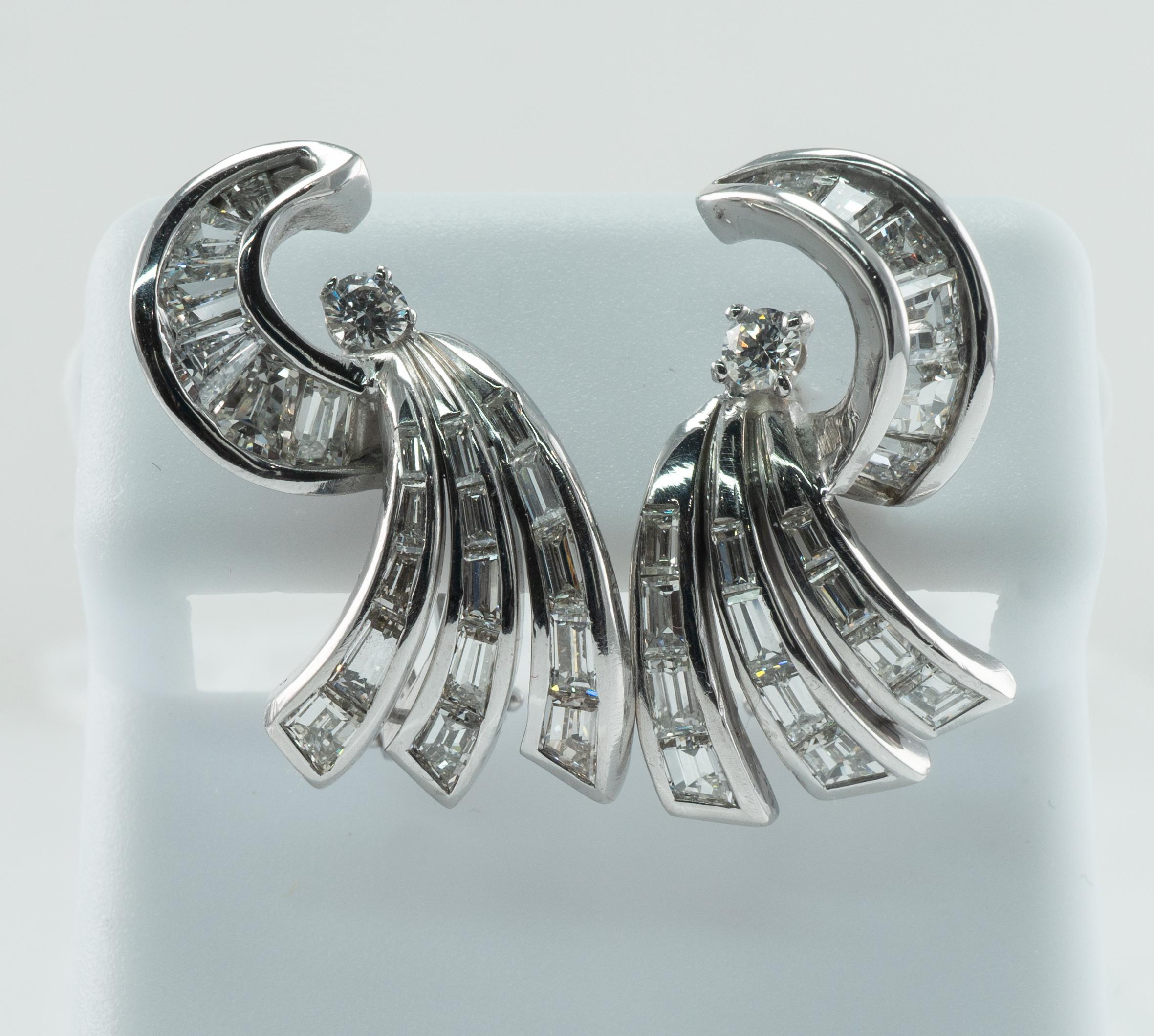 Natural Diamond Earrings 14K White Gold Omega Locks Art Deco For Sale 1